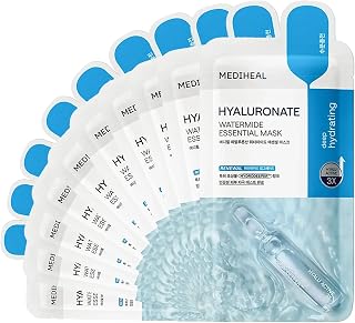 MEDIHEAL Watermide Essential Hyaluronate Face Mask 10 Pack - Korean Sheet Masks with Hyalu Active 3X for Deep Hydration & Brightening All Skin Types