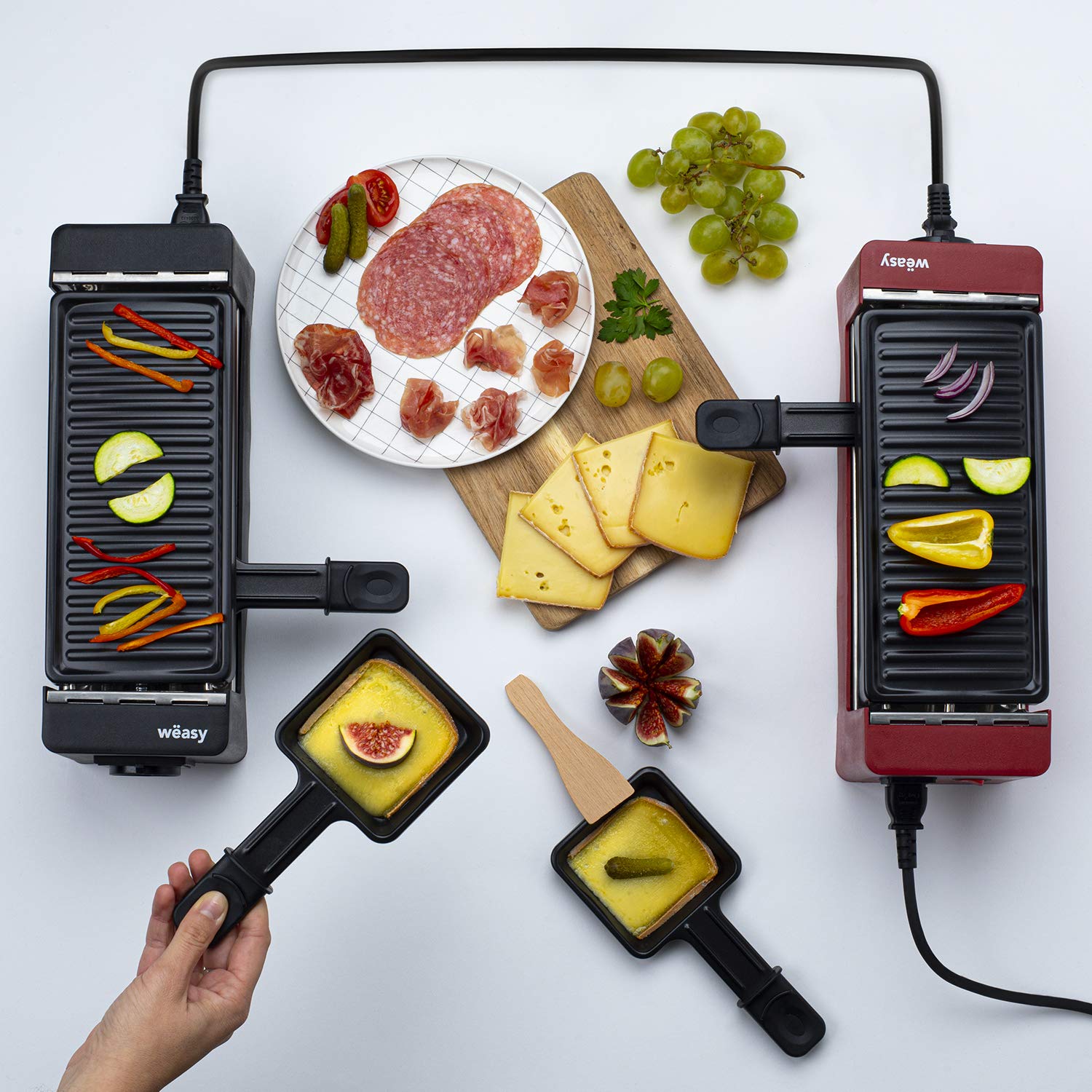 Wëasy Appareil à Raclette 2 Personnes TIK12, Multifonction 2 en 1 Raclette et Grill, Connectable avec TAK12 et Jusqu'à 4 Appareils, Antiadhésif, Noir