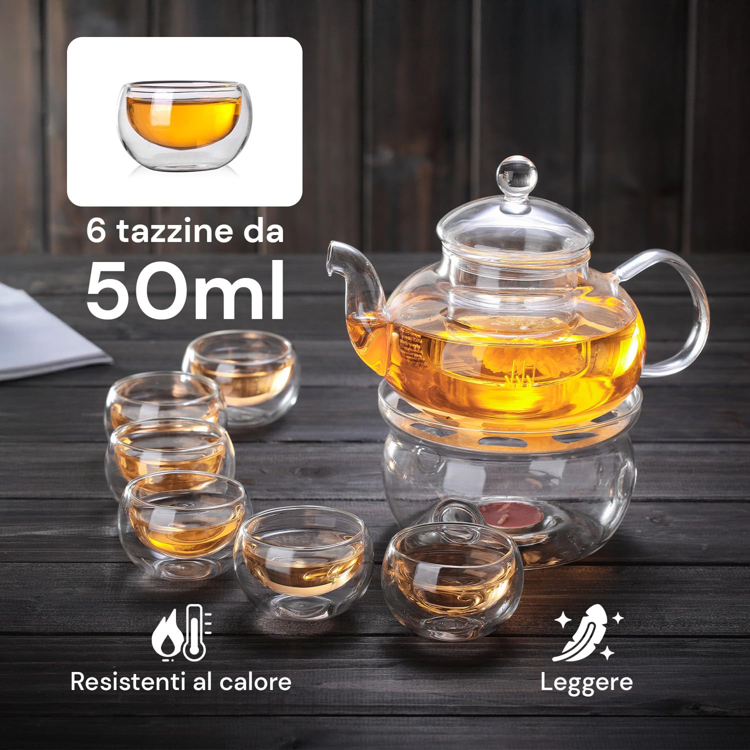Avilia - Teiera in Vetro 600ml con Infusore e Base Portacandela, Set con 6 Tazzine Resistenti al Calore, Ideale per Tè Sfuso e Infusi, Elegante Idea Regalo Raffinata
