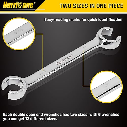 Miniatura 5 de HURRICANE Juego de llaves de tuerca acampanada, juego de 6 llaves de línea de freno, tamaño SAE de 1/4 a 1 pulgada, desplazamiento de 15 grados,
