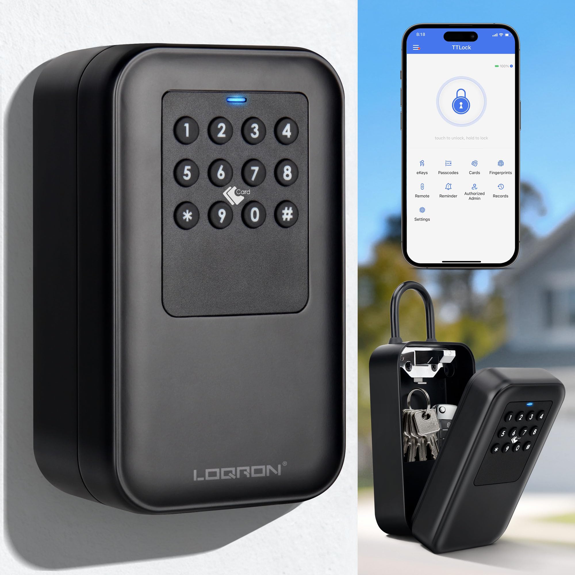 LOQRON Smart Key Lock Box with Bluetooth TTLock APP Control, Silicone Keypad IP65 Waterproof USB-C & Manual Key Emergency Unlock Large Capacity for Outdoor Home & Airbnb