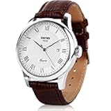 Mens Leather Band Quartz Watch, Men's Analog Business Working Roman Numeral Casual Waterproof Watches with Calendar Date Daily Dress Fashion Wristwatch - Brown
