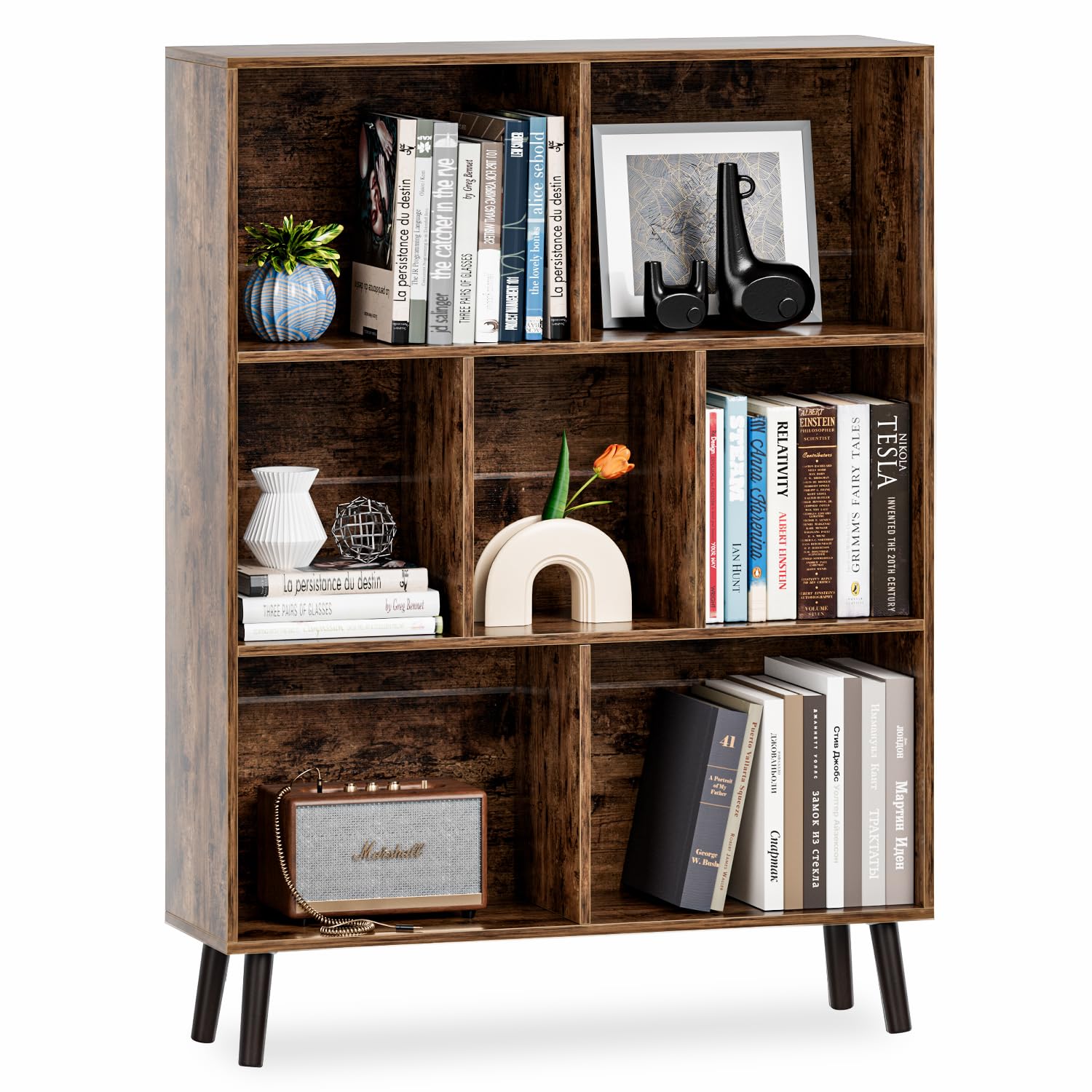 APPOLYN Cube Bookshelf, 3-Tier Floor Standing Display Cabinet Rack with Legs, 7 Cubes Bookcase, Modern Bookcase with Cubby Storage, Open Book Shelves for Bedroom, Living Room, Office, Vintage