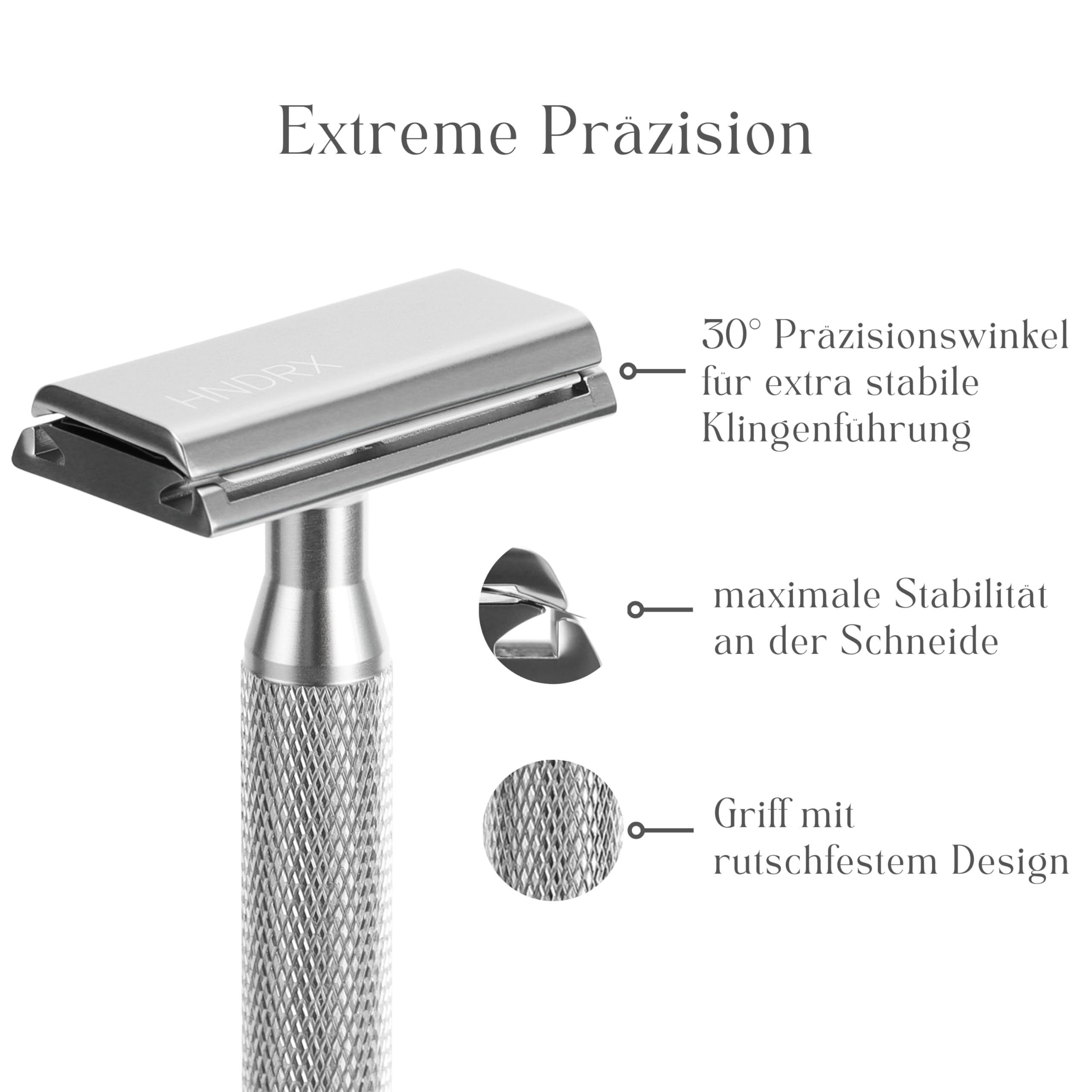 HNDRX® Safety Razor - Maquinilla de afeitar para hombre y mujer, ángulo de 30°, incluye 10 hojas de afeitar japonesas, soporte para maquinilla de afeitar y protector de hoja (aluminio aeronáutico)