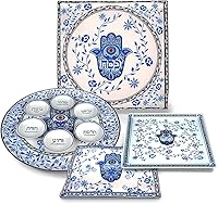 Vista 1 de Jessica Sporn - Juego de vajilla artística para Pascua Seder, diseño floral de hamsa, de porcelana de calidad, bandeja cuadrada de matzah, cubierta