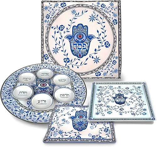 Jessica Sporn - Juego de vajilla artística para Pascua Seder, diseño floral de hamsa, de porcelana de calidad, bandeja cuadrada de matzah, cubierta