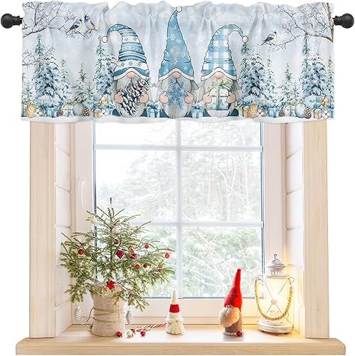 CosyBright Cenefa de ventana de Navidad, diseño de gnomos azules, diseño de copos de nieve nevados para árbol de Navidad, cenefa de cortina con CosyBright Cenefa de ventana de Navidad, diseño de gnomos azules, diseño de copos de nieve nevados para árbol de Navidad, cenefa de cortina con