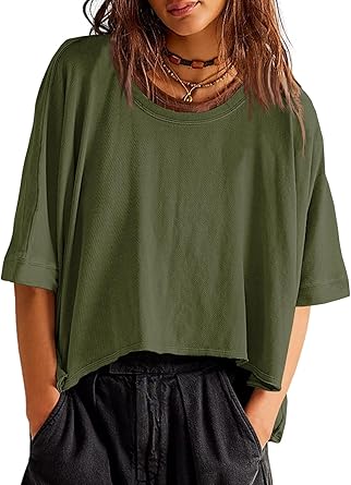 Tankaneo Womens Oversized T-Shirts Cropped Summer Casual Short Sleeve