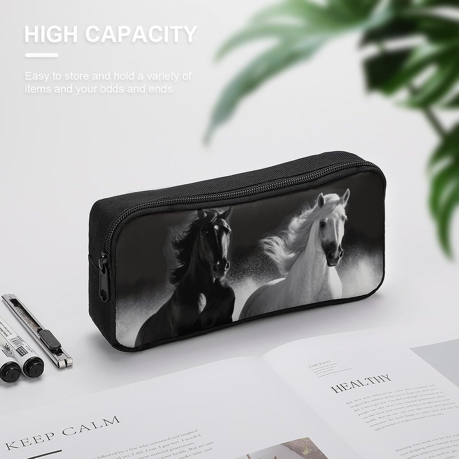 Black And White Horses Running Pencil Case Large Pencil Bag with Zipper image 4