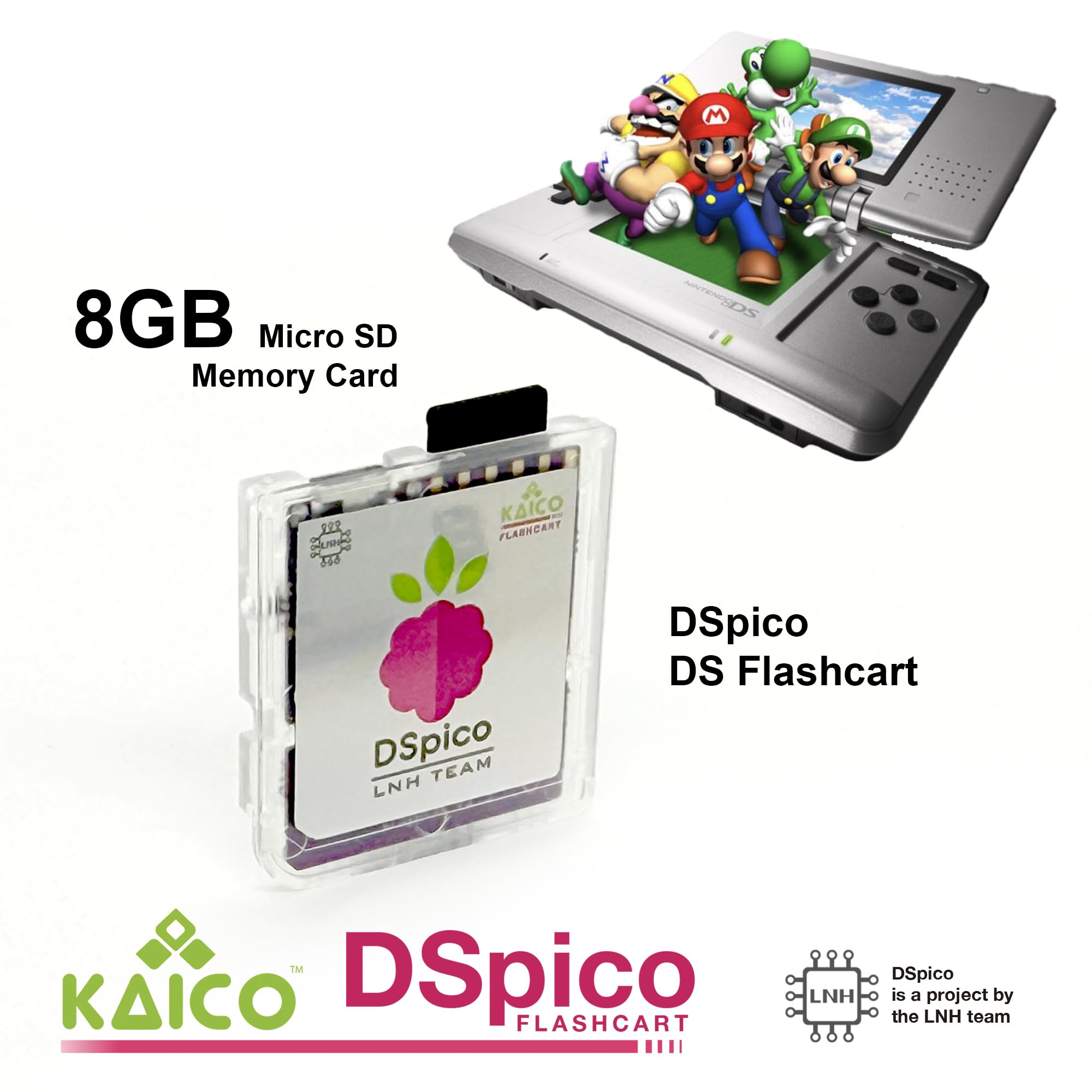 Kaico Edition DSpico for use with Nintendo DS/DSi with 8GB Micro SD Card by the LNH Team - Powered by RP2040 MCU – Dual Power, 6MB/s SD Read, DS Mode & Pico Launcher Support