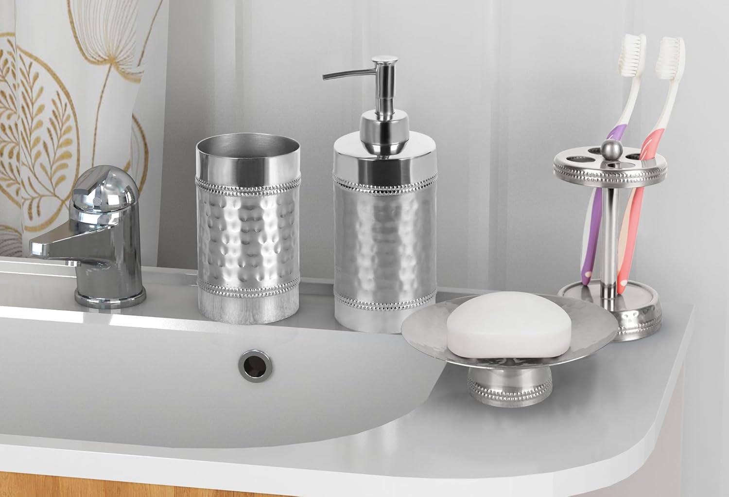 nu steel Hudson 304 Stainless Steel Bath Accessory Set for Vanity Countertops, 4 Piece Luxury Ensemble Includes soap Dish, Toothbrush Holder, Tumbler, soap and Lotion Pump, matt/Shiny
