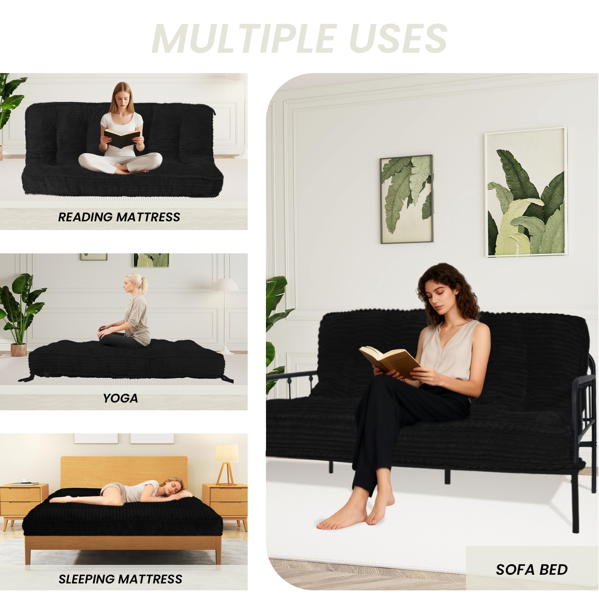 8 Inches Futon Mattress Full Size, Extra Thick Futons Sofa Couch Bed Japanese Foldable Floor Mattress for Adults, Folding Mattres Shredded Foam Filling (Frame Not Included), Black