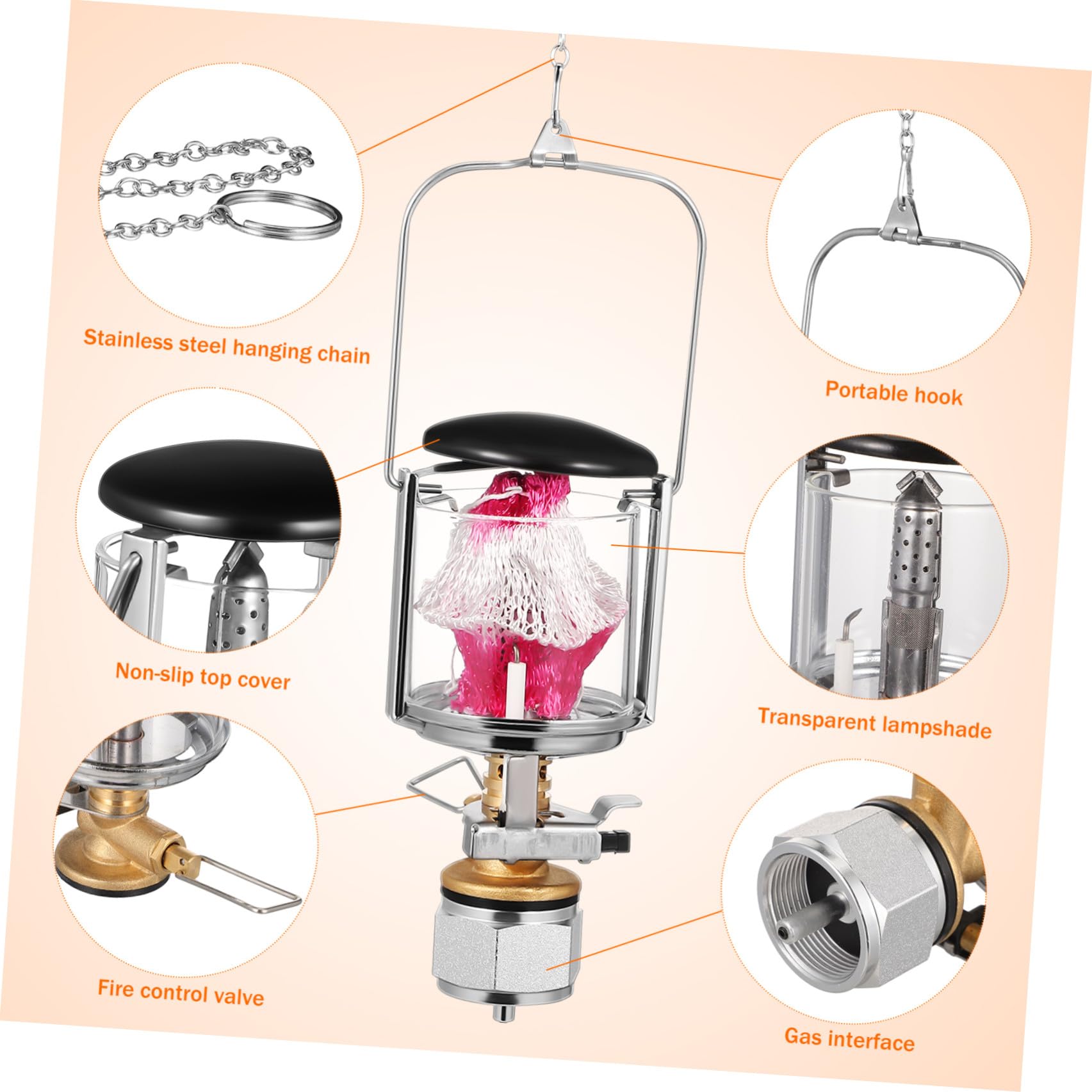 Lampada Gas da Campeggio Portatile per Outdoor con Copertura | Bombola Filettata Piatta, Struttura in Acciaio Inox, Nylon e Plastica, Uso in Campeggio All'aperto