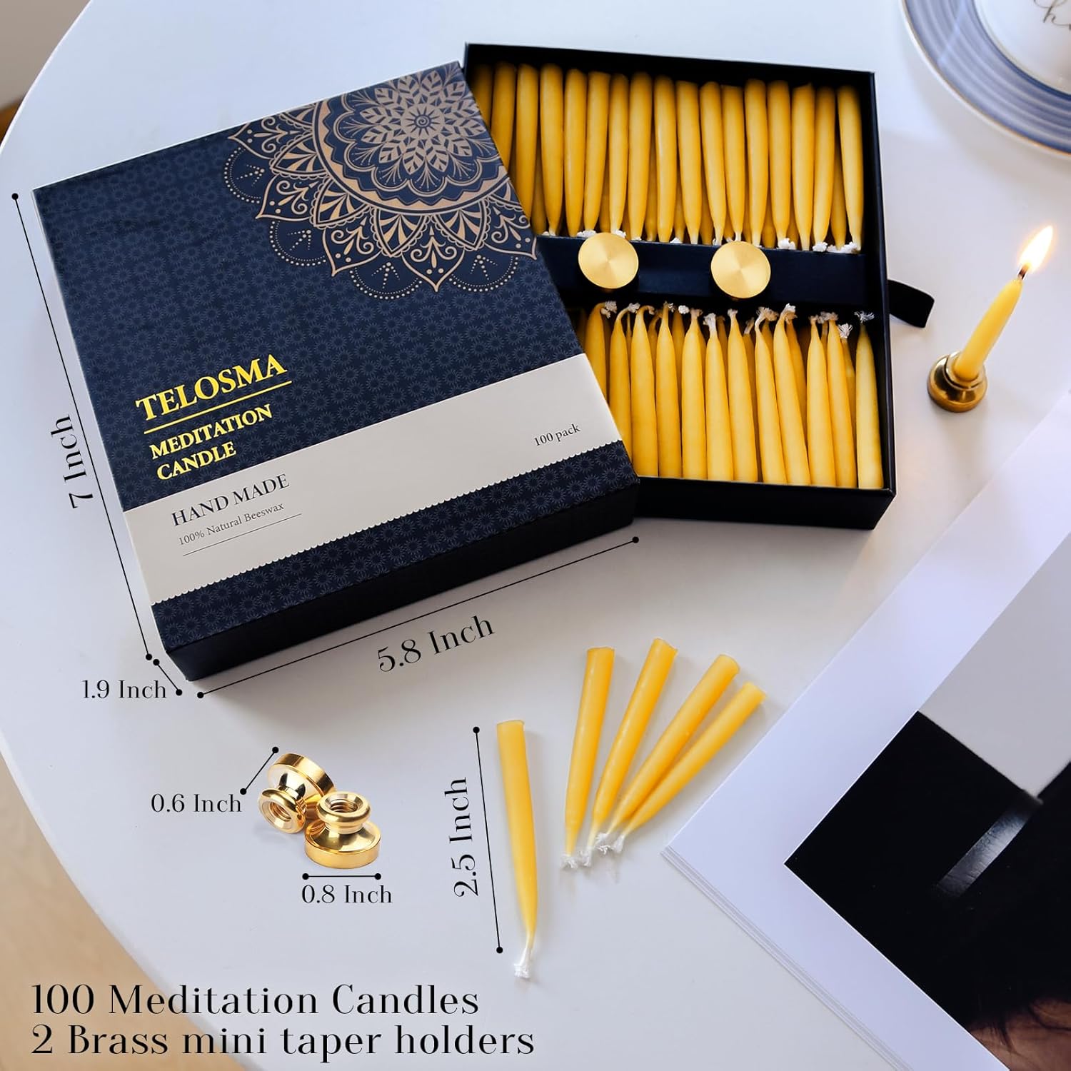 100-Pack Pure Beeswax Meditation Candles –20 Minute Bees Wax Candles, 0.28 inch Thin Mini Taper Candle, Relaxation Candles for Prayer, Yoga, Spiritual Practices – Includes 2 Holders – Yellow