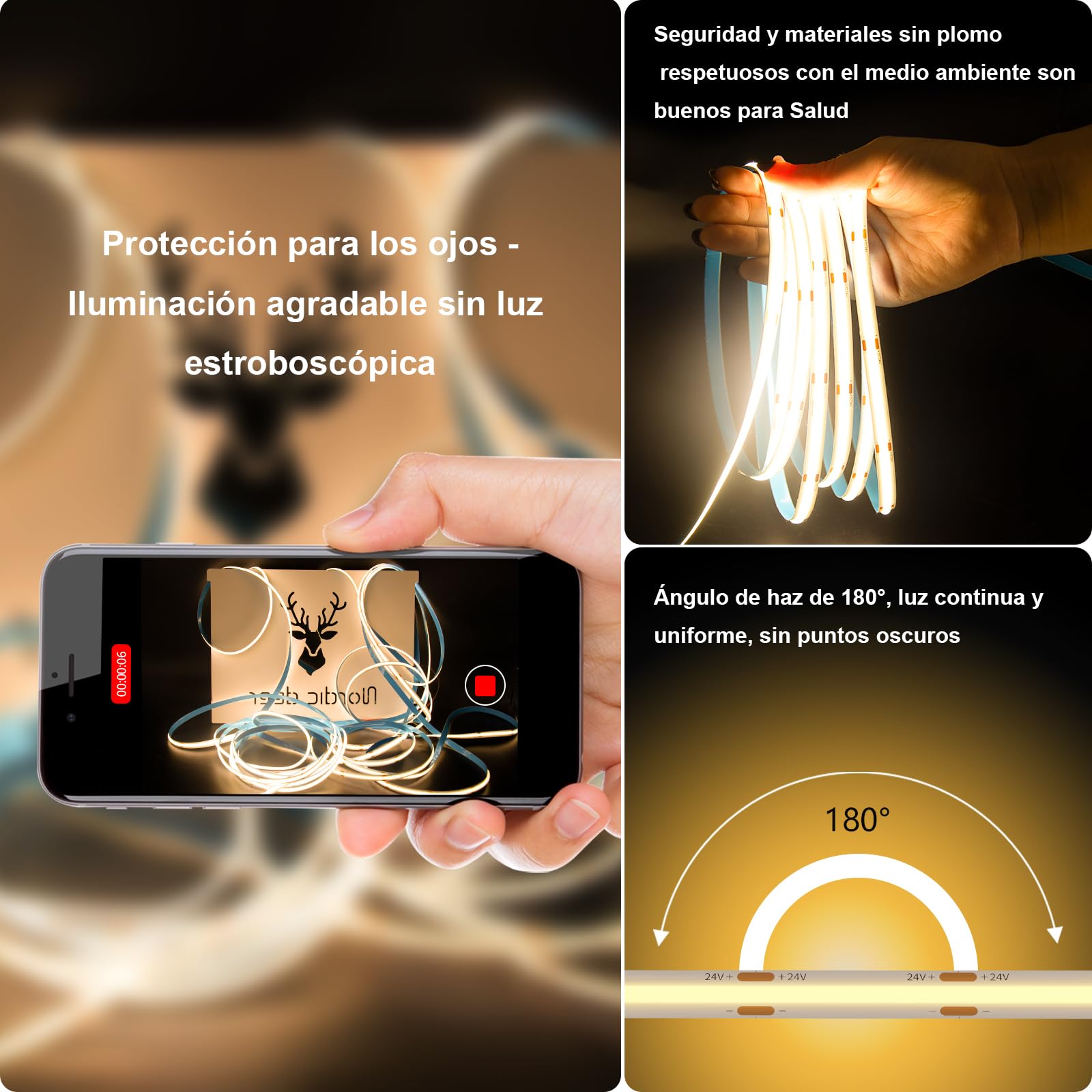 PAUTIX Tira de luces LED COB 3000K blanco cálido, 5m 480LEDs/M kit de tira de luces LED regulables,24V Superbrillante luces de cinta LED con control remoto RF de 18teclas para hogar bricolaje