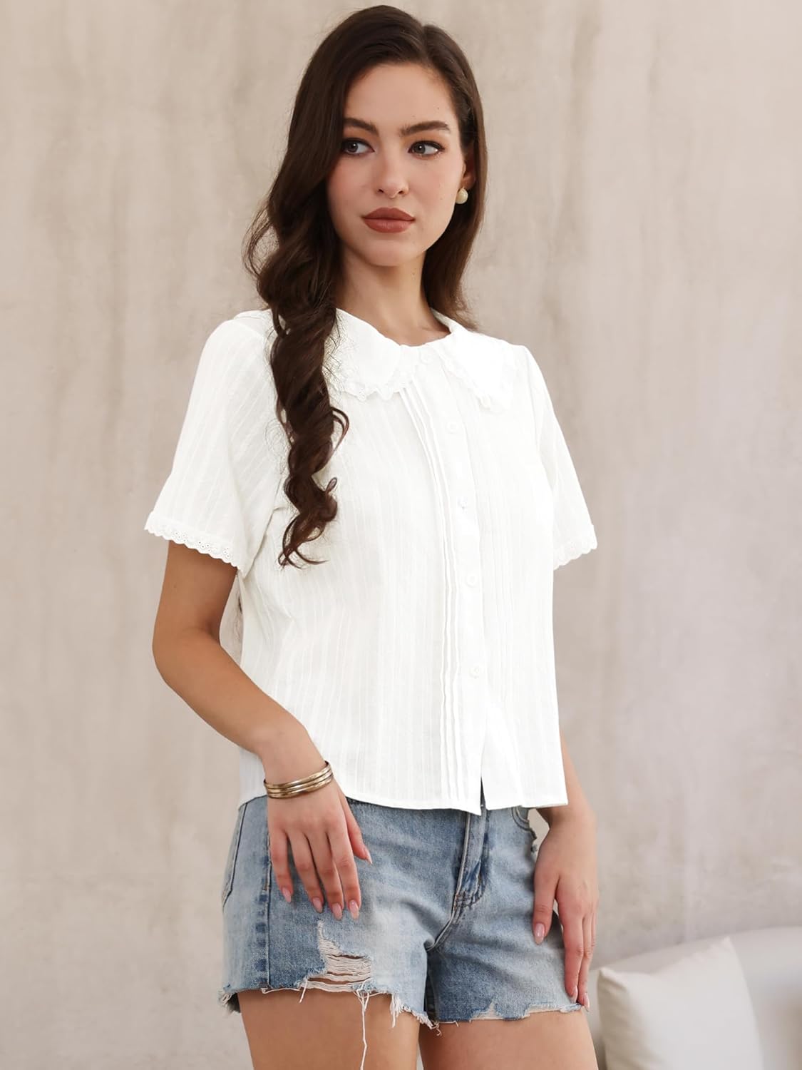 Allegra K Short Sleeve Shirts for Women Ruffle Peter Pan Collar Button Down Cotton Blouse Casual Summer Tops - Image 3