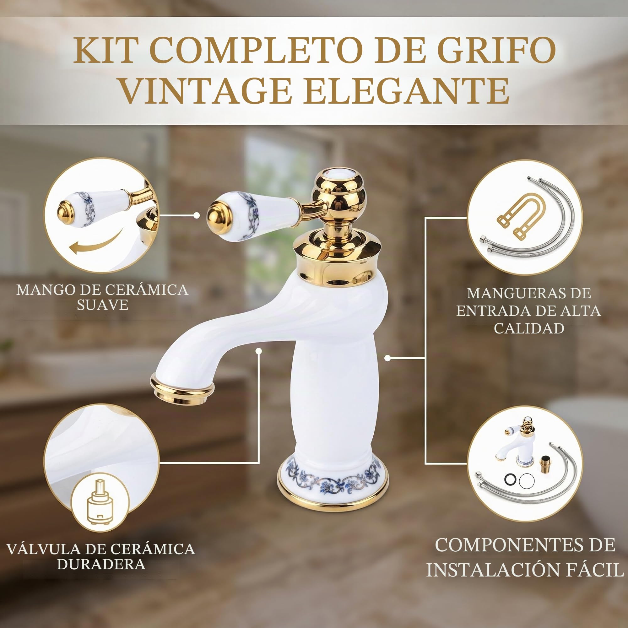 Grifo Lavabo Monomando Vintage, Grifo de Baño Clásico de latón macizo Grifo Lavabo Bañ Decoración del Hogar Juego Central