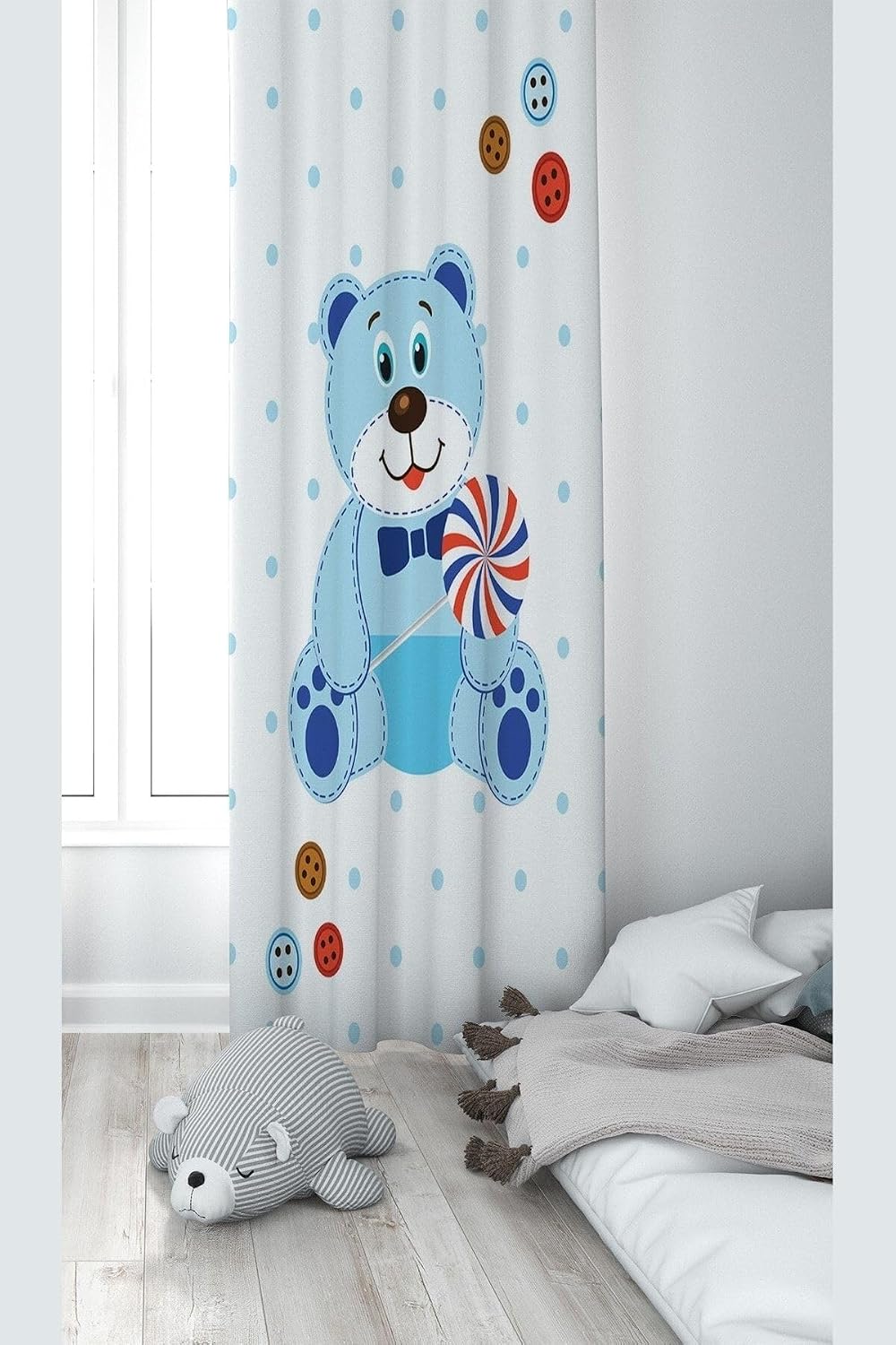 Pelangi Beyaz Ayıcık Desenli Dijital Baskı Yıkanabilir Bebek Çocuk Odası Fon Perdesi, beyaz 140 x 240