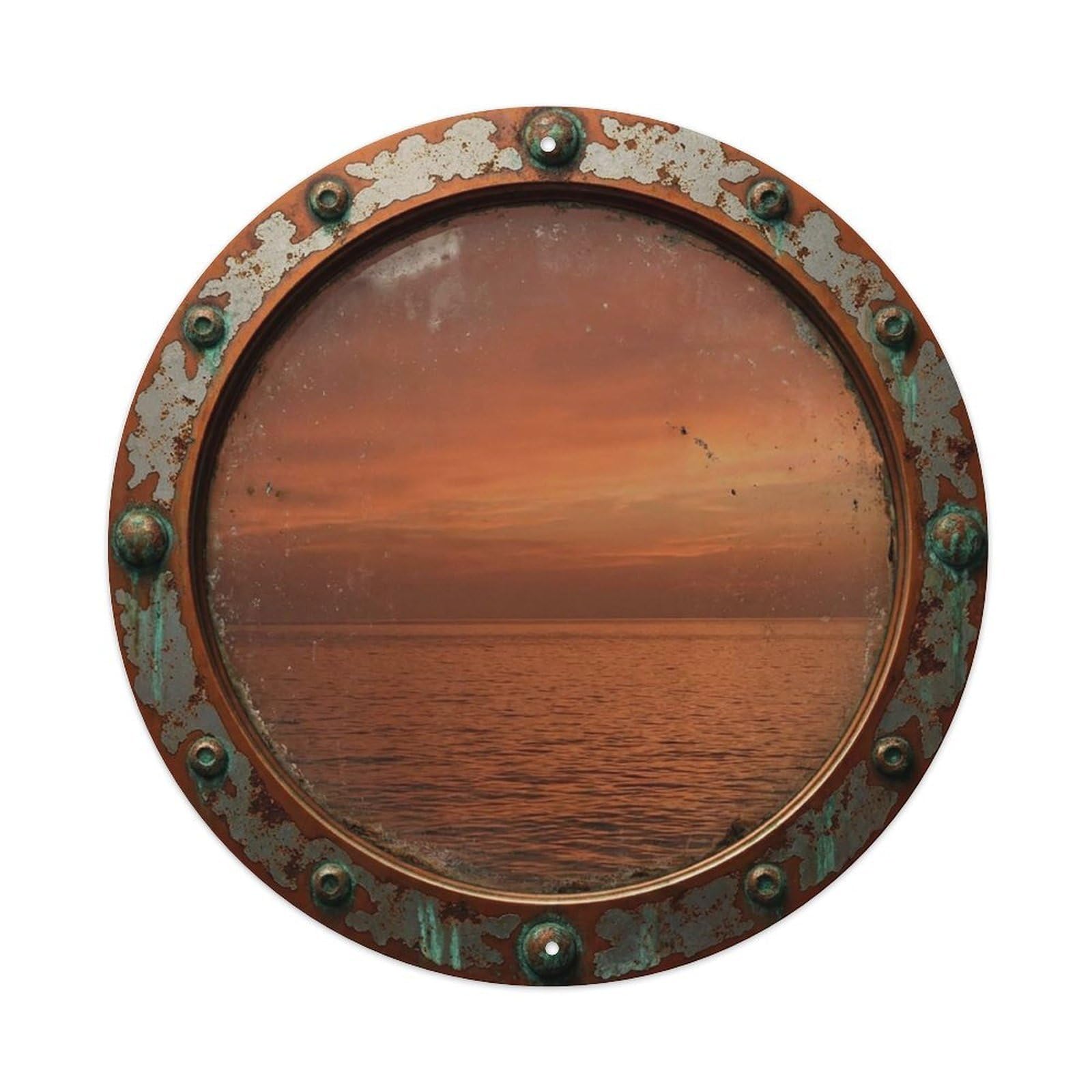 Vintage Porthole Terracotta Sunset Nautical Window View Vintage Metal Tin Sign Plaque Wall Decor for Cafe, Club Bar, Office, Garden Metal Poster 8x8Inch