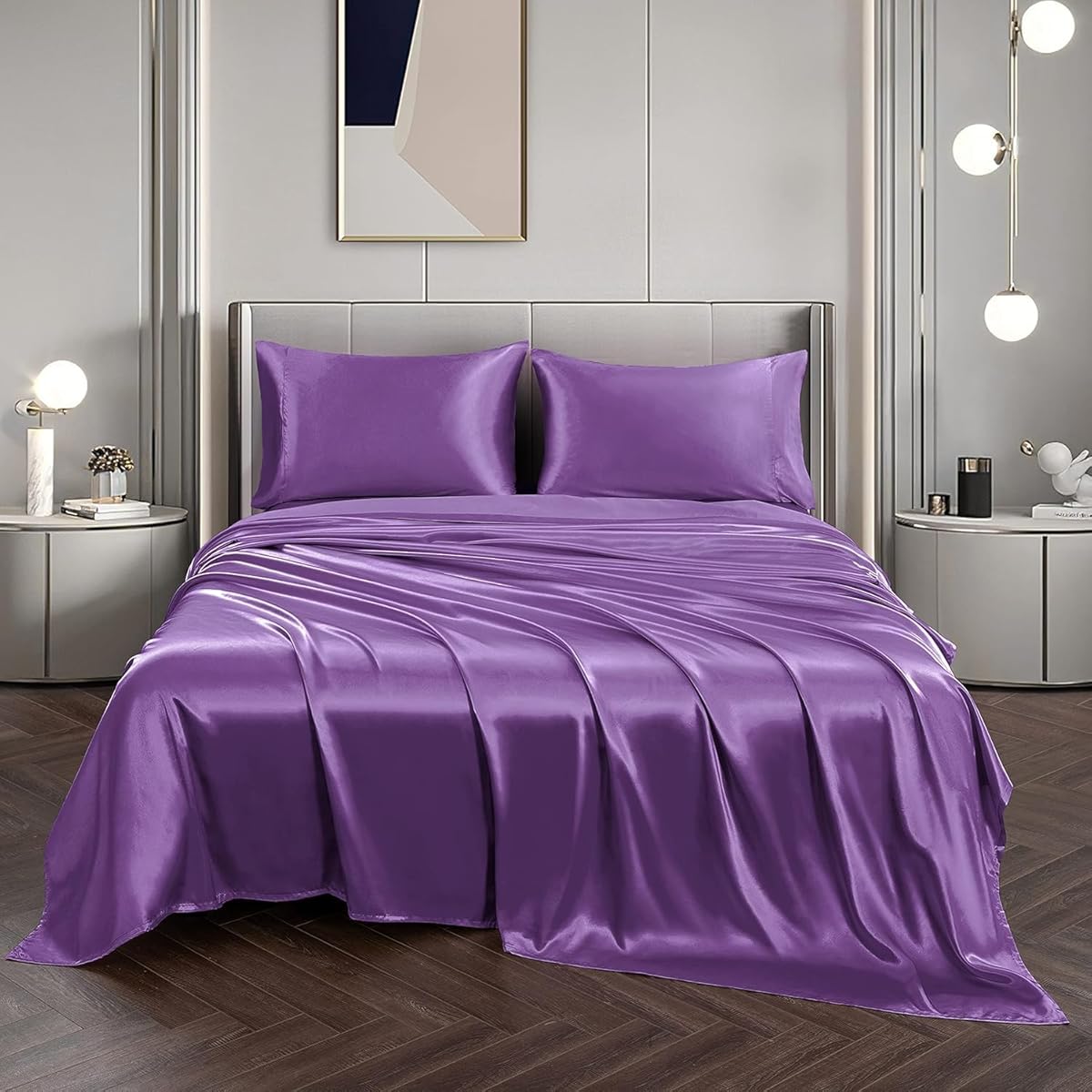 Light Purple Silk Sheet Set, Breathable Super Soft 100% Luxury Breathable Cooling Fade Resisitance 4PC Sheet Set, Super Silky 15" Deep Pocket Bed Sheet Twin Size