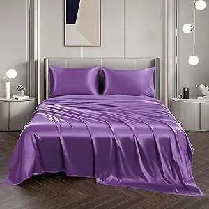 Light Purple Silk Sheet Set, Breathable Super Soft 100% Luxury Breathable Cooling Fade Resisitance 4PC Sheet Set, Super Silky 15" Deep Pocket Bed Sheet Twin Size