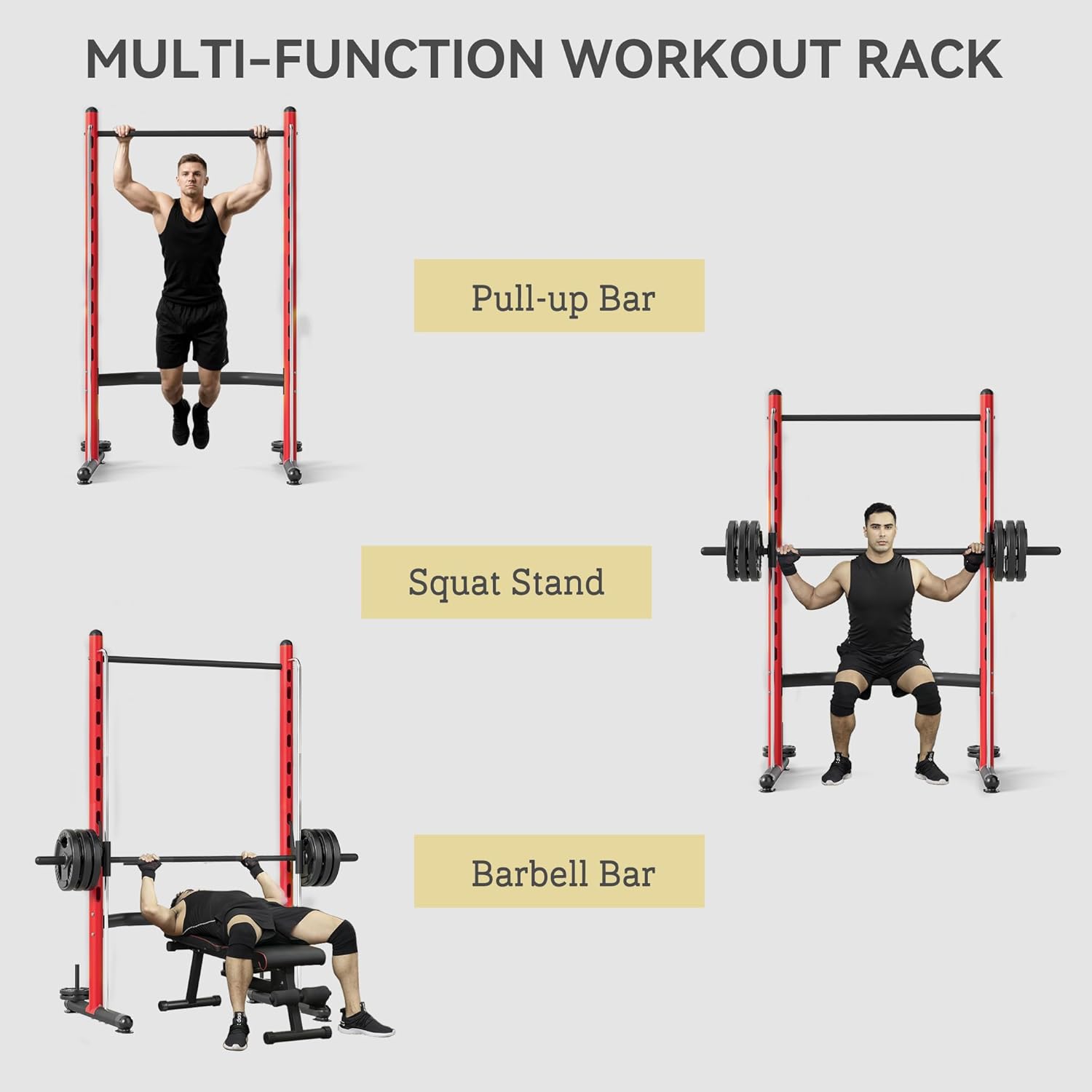 Soozier Squat Rack with Pull-Up Bar, Adjustable Power Rack with Barbell Bar, Multi-Functional Steel Bench Press Rack for Home Gym Strength Training, Black