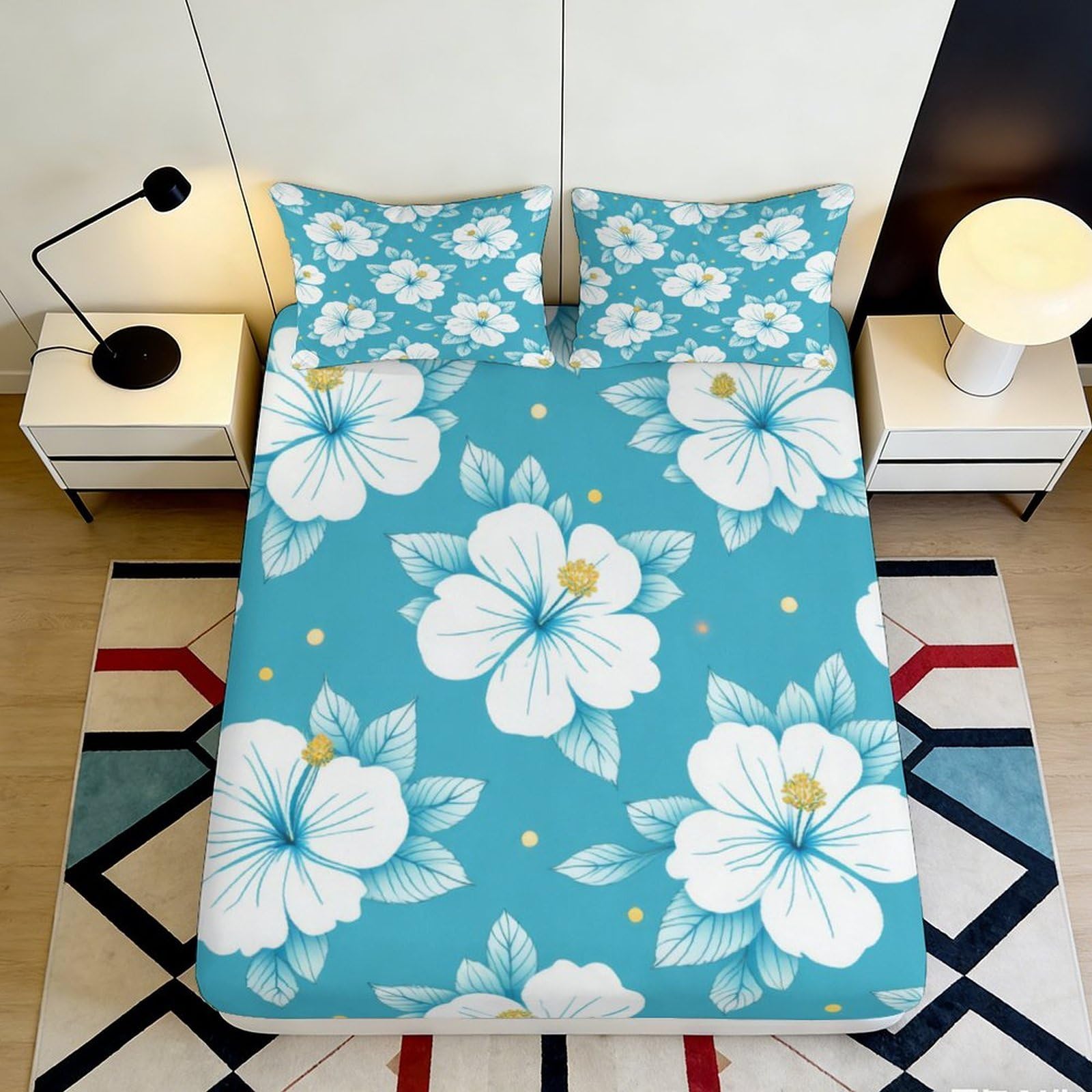 3D Printed Blue Hibiscus Fitted Sheet Microfiber Soft Slip-Resistant Tropical Blossom Mattress Cover Bedroom Decor 90x200x25cm