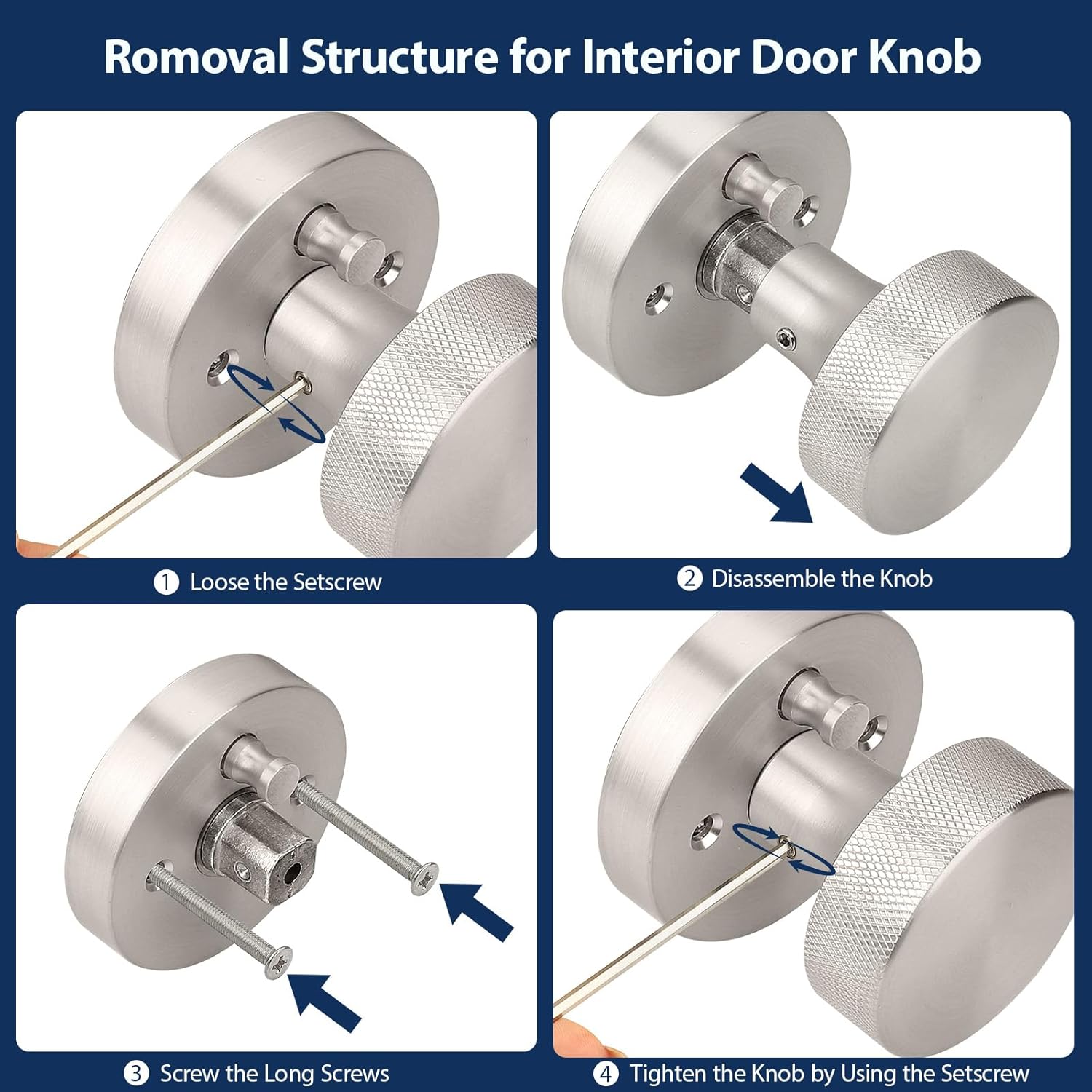 Orger Brushed Nickel Privacy Door Knobs Interior, Zinc Alloy Keyless Stain Nickle Door Knobs with Lock for Bedroom and Bathroom, Knurled Heavy Duty Silver Round Base Modern Doorknobs, 6 Pack
