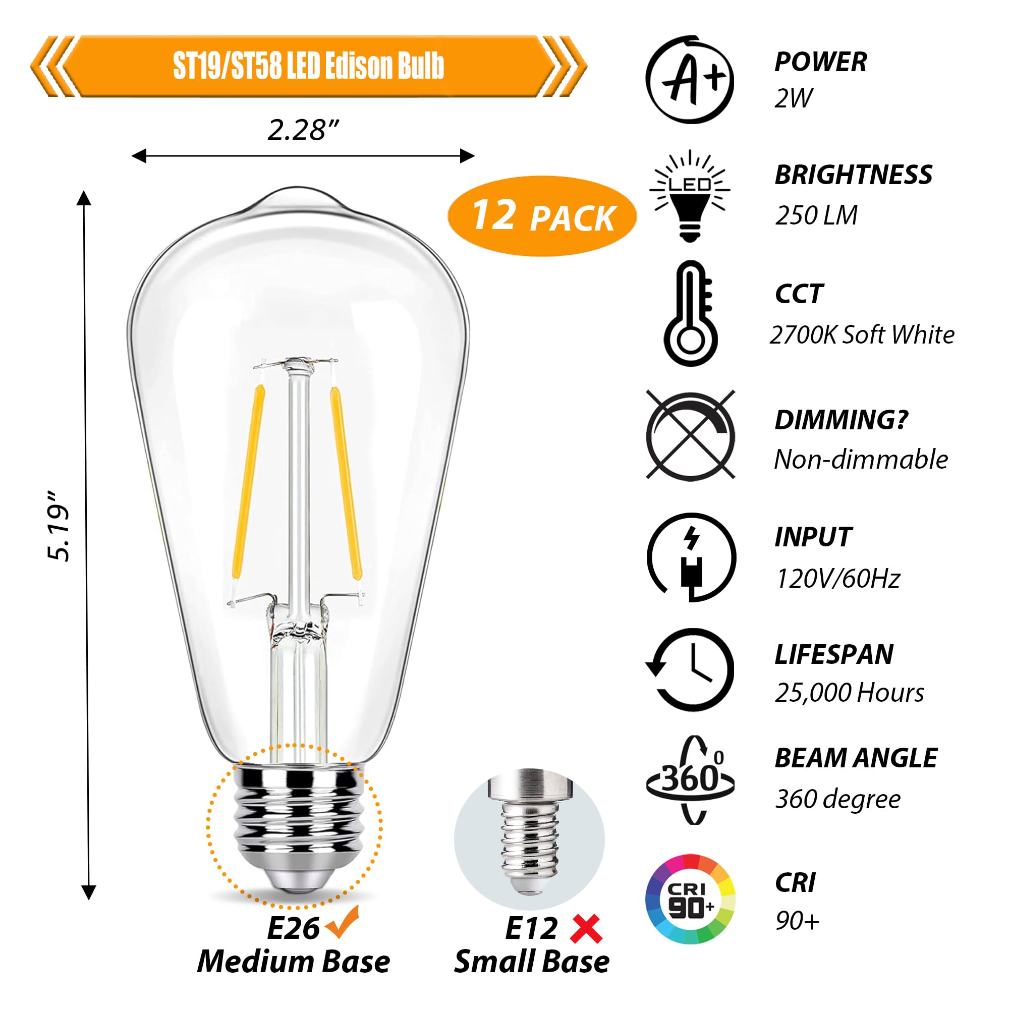 WIAONE winsaLED - Paquete de 12 bombillas LED Edison de 2 W, equivalente a bombillas de 25 W, 2700 K, blanco suave con base estándar E26, bombillas LED ST19 de bajo vatio, no regulables, 120 V