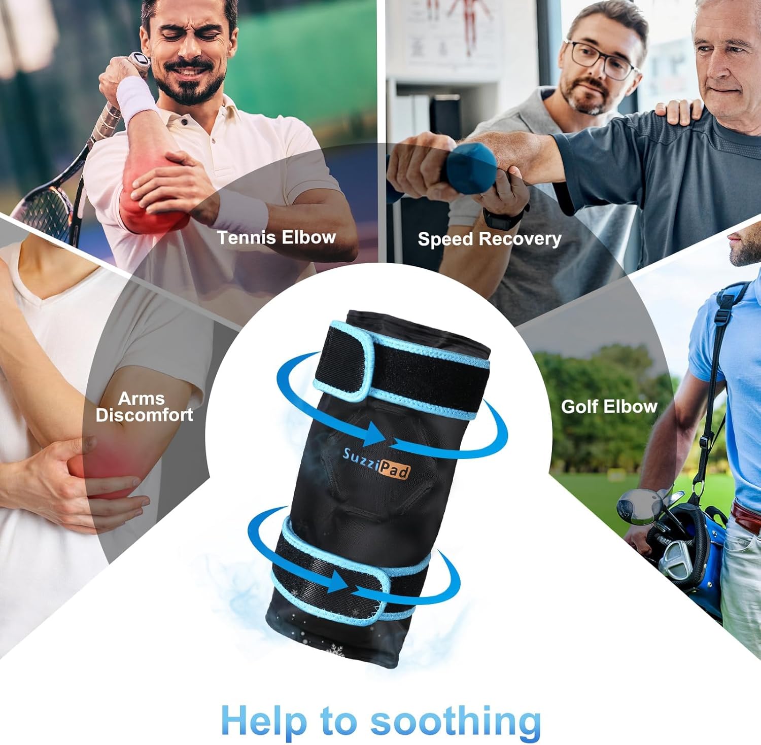 SuzziPad Elbow Ice Pack Wrap – Wearable Cold Compression Sleeve for Elbow & Forearm, Reusable Ice Pack for Tennis & Golf Recovery, Black，2packs