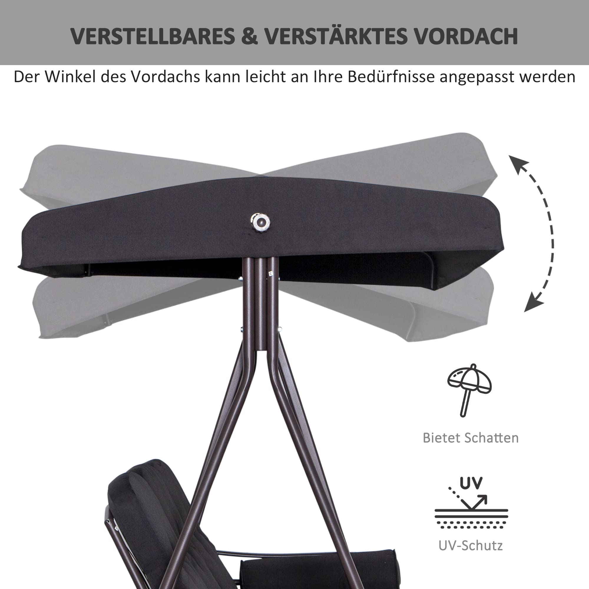Outsunny 3-Sitzer Hollywoodschaukel Sonnendach Schwarz 116 x 206 x 183 cm | Gartenschaukel, Kissen, Metall, Polyester