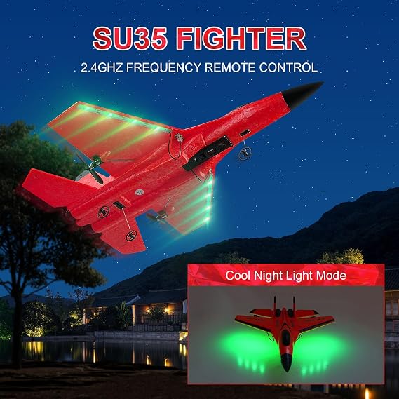 RC Plane, SU35 RC Airplane Ready to Fly, 2.4 GHz 2 Channel Remote Control Airplane RC Glider with Colored Lights for Kids/Adults/Beginners, Red