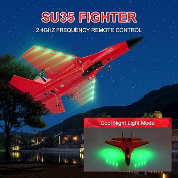 RC Plane, SU35 RC Airplane Ready to Fly, 2.4 GHz 2 Channel Remote Control Airplane RC Glider with Colored Lights for Kids/Adults/Beginners, Red