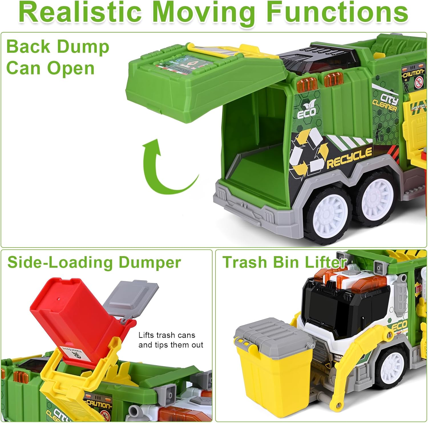 ZHFUYS Large Garbage Truck Toy Set,Friction Powered Toys Cars with Trash Bins, Dumpster, and Learning Cards for Kids,Educational Recycling Toy for Boys