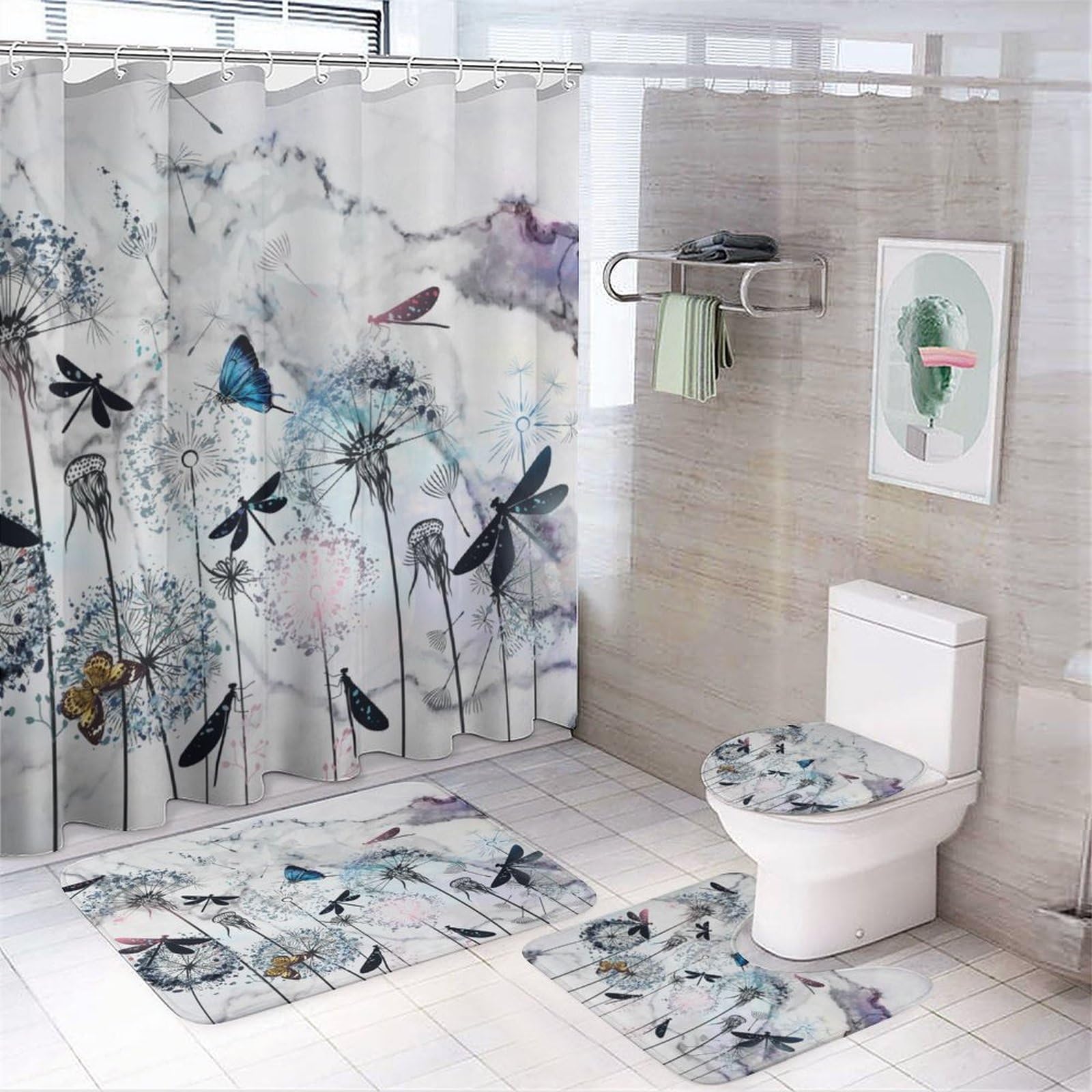 Coalho Retro Dandelion Dragonfly 4 Pcs Bathroom Decorative Set Abstract Modern Art Marble Butterfly Floral Shower Mat Shower Curtain With Rug 12 Hooks,183X183cm