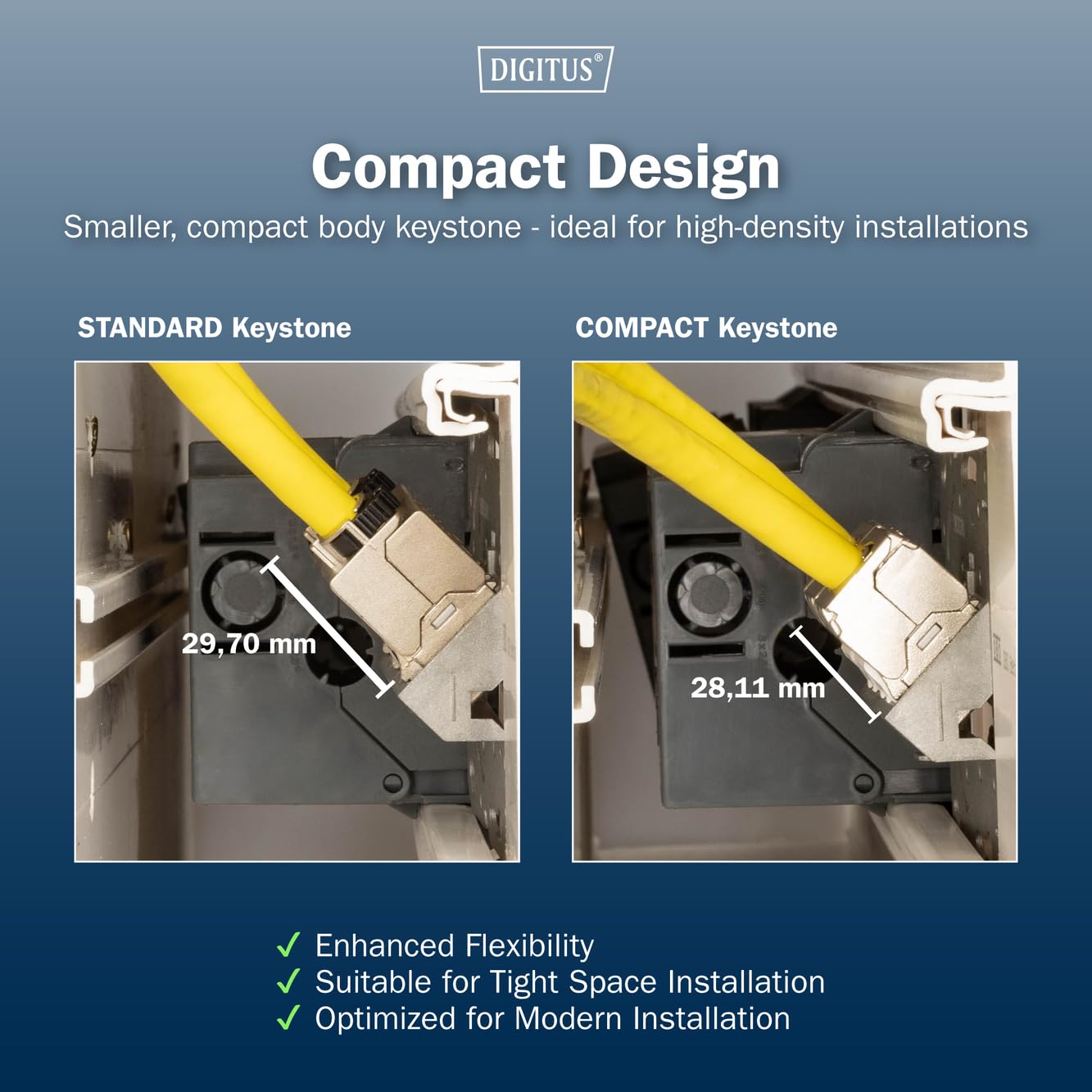 DIGITUS Cat-6A Shielded Keystone Module - Pack of 4 - Compact Version - RJ45 Female - 500MHz 10GBase-T - AWG 26-22 - Designable - With Cable Tie - Tool Free Installation