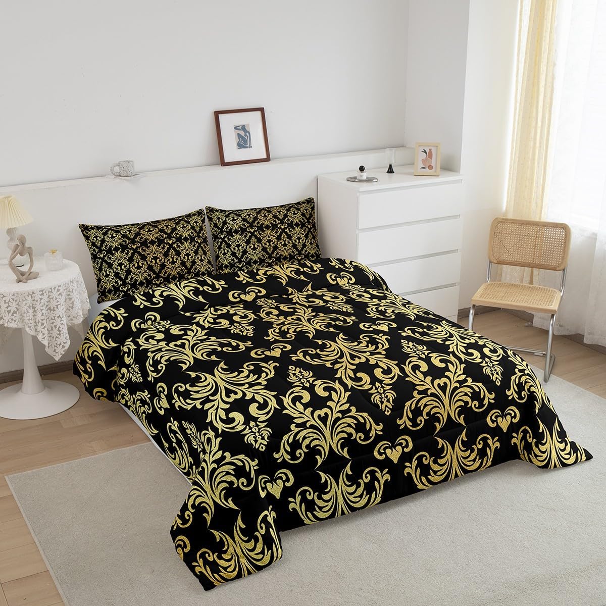 Feelyou Jacquard Bedding Set Full Size Floral Comforter Set for Adult Boys & Girls,Boho Damask Duvet Set,Black & Gold Quilt Set,3Pcs