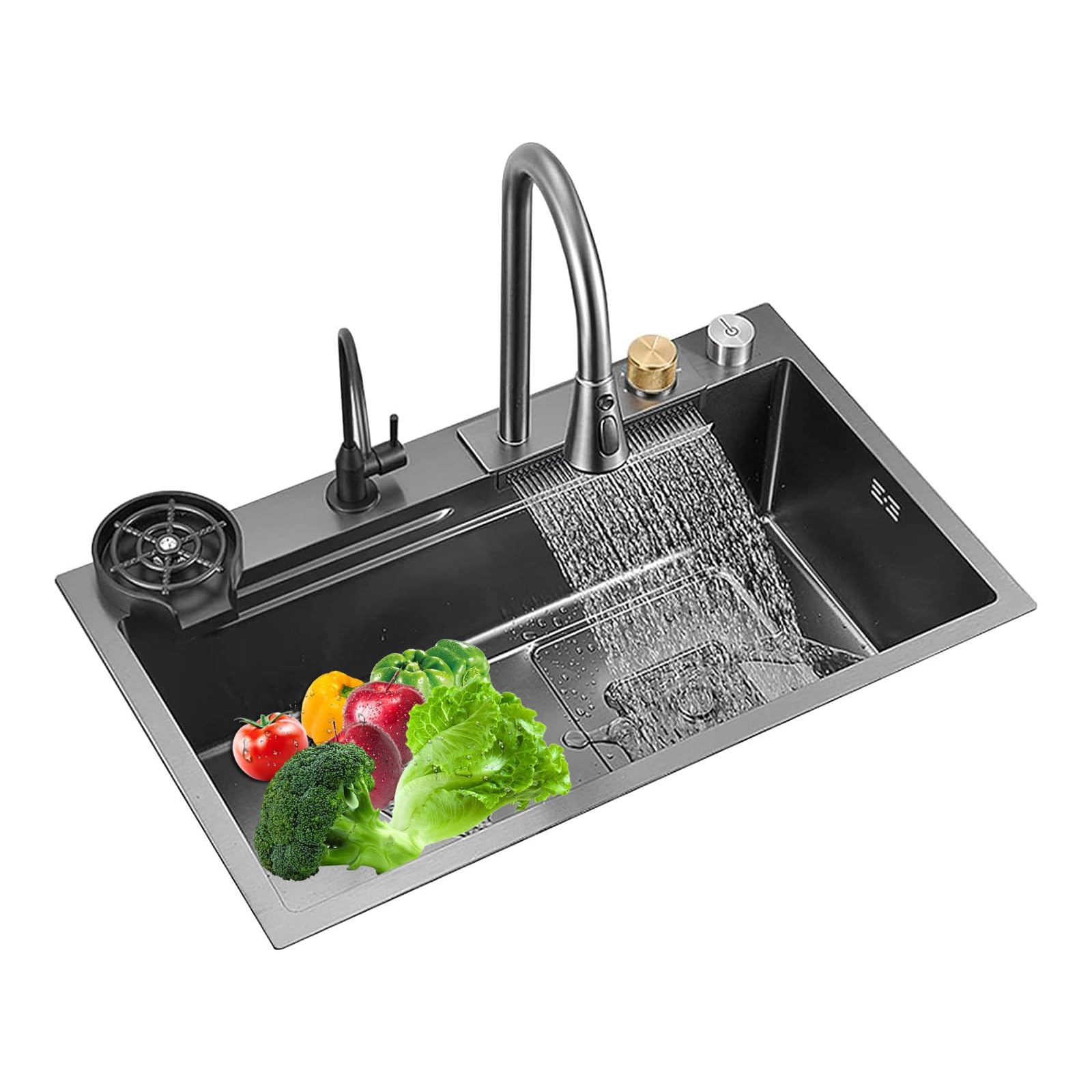 Lavello da Cucina,lavello a Cascata in Acciaio Inossidabile 304 Nero,lavello sottotop con Vasca Singola,Rubinetto Estraibile Flying Rain,Lavatrice e lavabo,per Una Lavanderia Moder