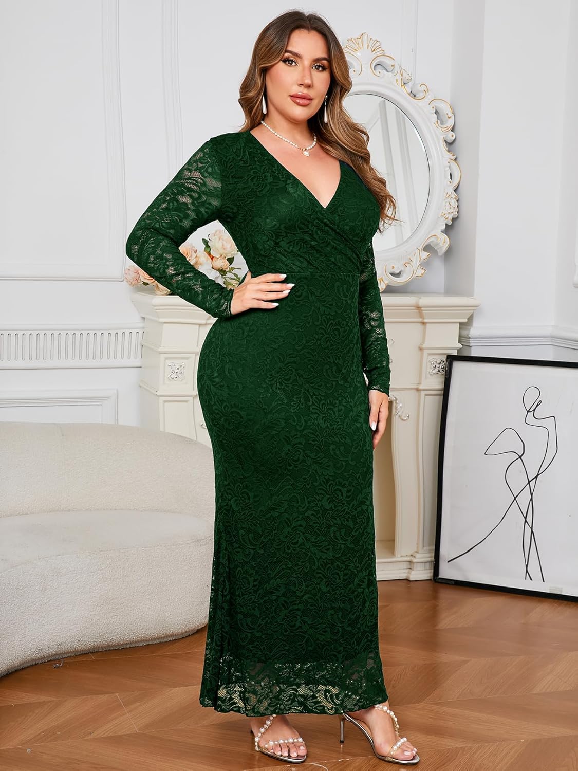ZOMVA Plus Size Floral Lace Dress Elegant Bodycon Mermaid Maxi Evening Gown V Neck Wrap Long Sleeve Formal Dresses Party, Dark Green,2X - Image 3