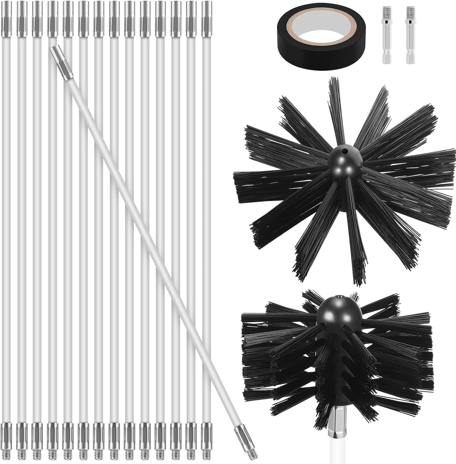 Garneck Chimney Cleaning Brush and Rods Kit 30Ft Flexible 23-Section Set with 2 Six-Inch Brush Heads and Hex Connectors for Dryer Vent and Fireplace Duct Cleaning
