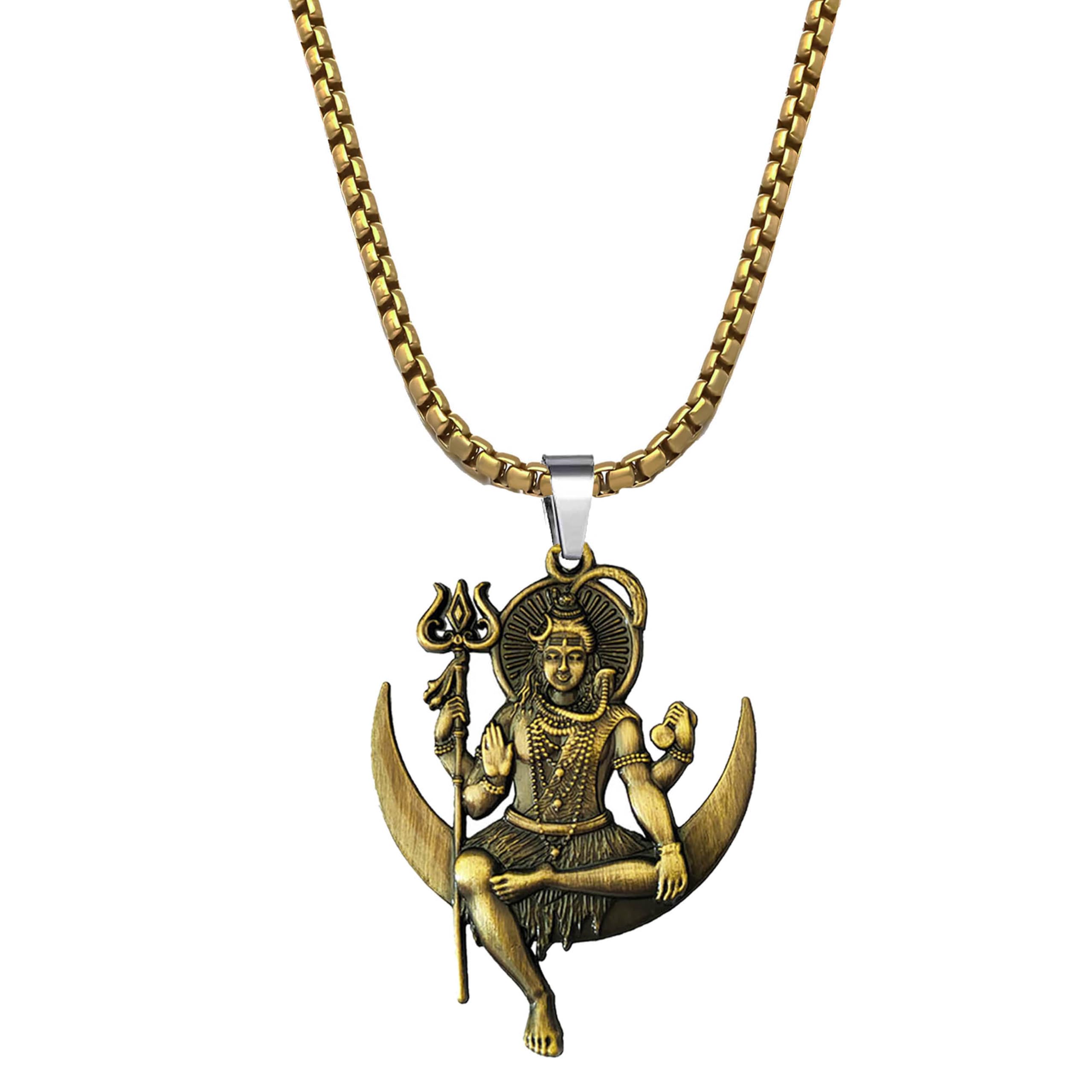 Solid Brass Lord Shiva Pendant Necklace With 22 Inch Box Stainless Steel Chain - Hindu God Amulet for Protection & Devotion-Mahadev Amulet Jewelry for Men & Women