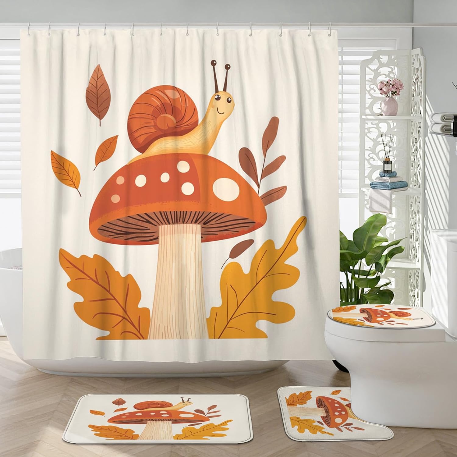 4PCS Fall Mushroom Snail Kid Bathroom Accessory Sets with Non-Slip Rug, U Shape and Toilet Lid Cover Mat, Retro Autumn Maple Leaf Bathroom Decorative-72''x72''
