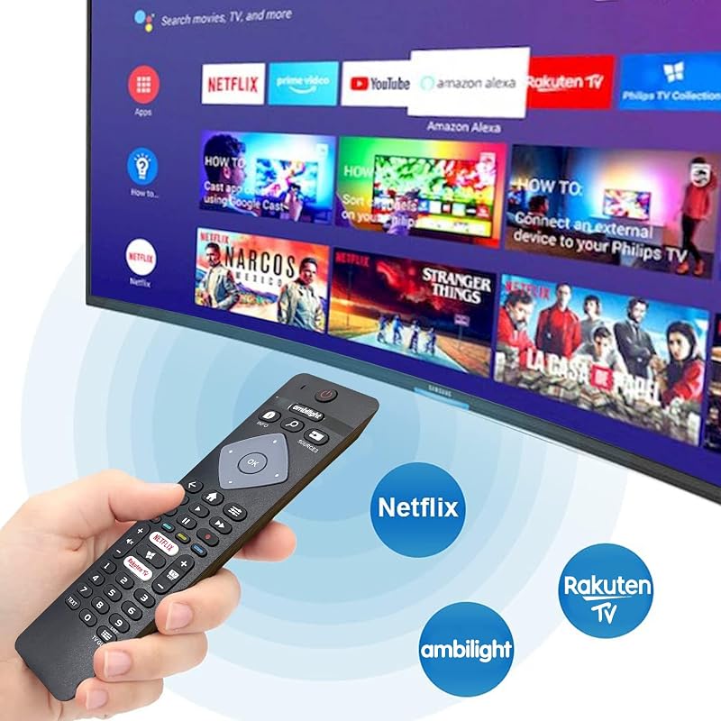 FOXRMT Univerzális Távirányító Philips Ambilight 4K Smart TV-hez - Előre Programozott Csere Távirányító Netflix Gombbal, 10m Hatótávolság