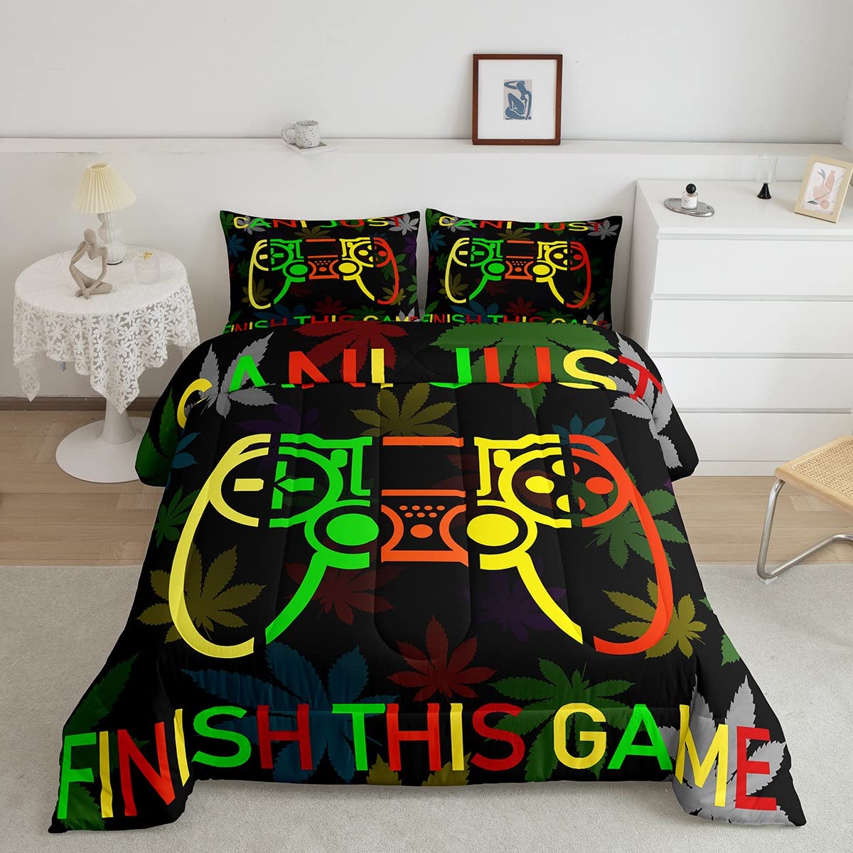 Photo 1 of Feelyou Cannabis Leaf Print Comforter Set Gamer Bedding Set Game Room Decor Comforter Gaming Black Quilt for Kids Boys Girls Adults Twin Size with 1 Pillow Case Boys Multi 09 Twin