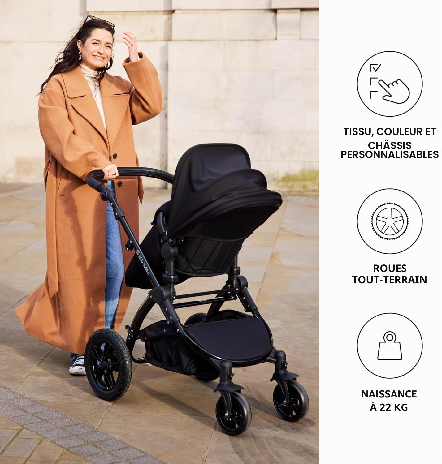 Système de voyage Ickle Bubba Stomp Luxe 12 pièces avec siège auto i-Size Nimbus et base ISOFIX pivotante à 180° – De la naissance à 22 kg (environ 4 ans) (Minuit/Beige, Châssis noir)