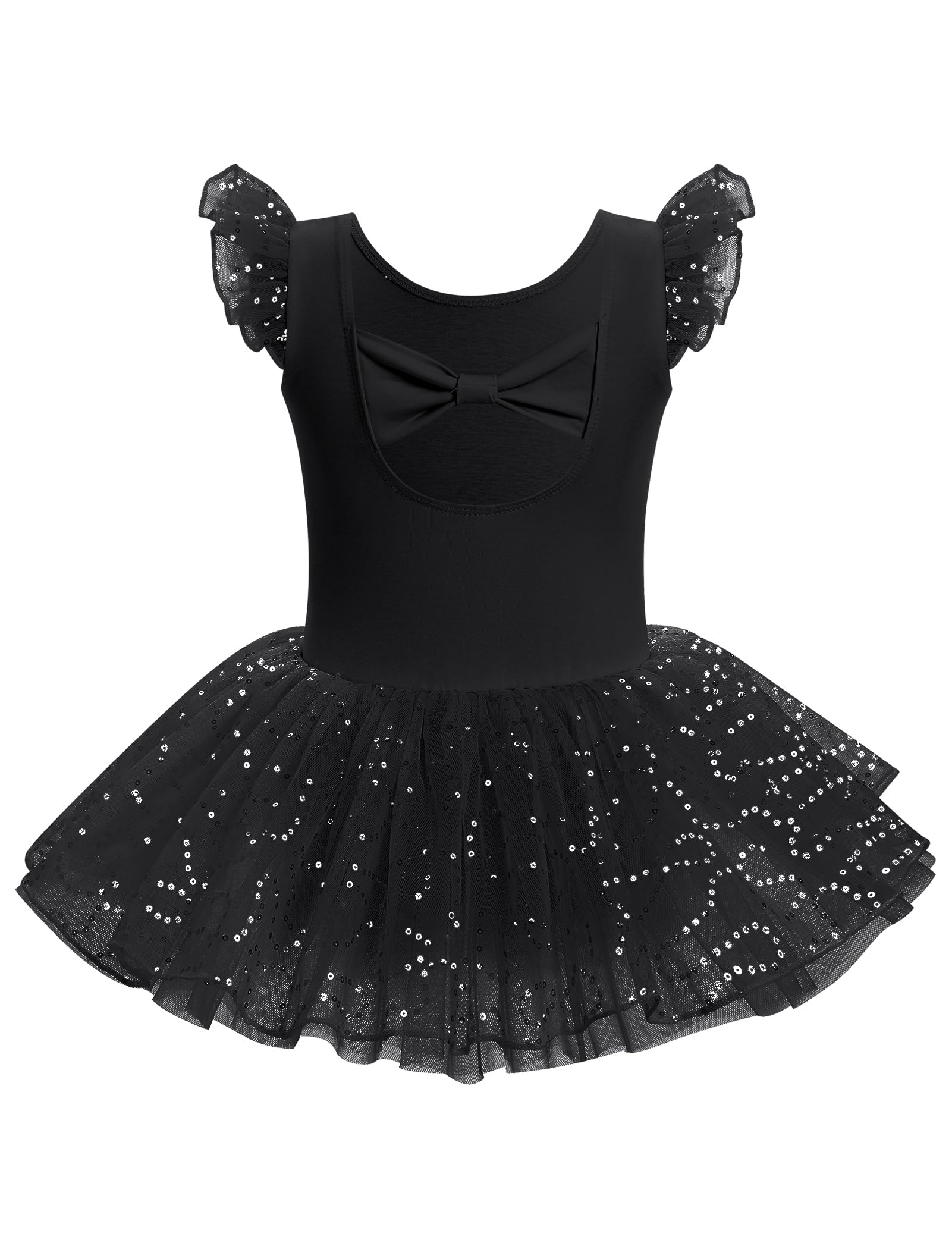 AFAVOM Ballet Leotards for Girls Toddler Sparkle Sequin Ballet Dance Leotard Dress Cutout Backless Bowknot Dance Outfits Kids Shiny Ruffle Sleeves Ballerina Dancewear Costume Black 7-8 Years