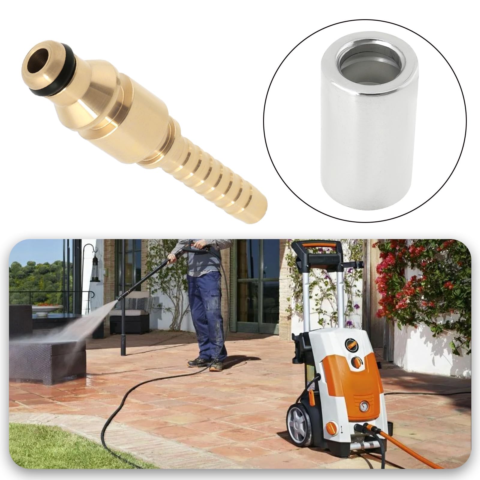 Be In Your Mind 1pc 1/4 inch Brass Pressure Washer Hose Fitting 6.5mm Quick Fit Male Pressure Washer Adapter with Crimping Ferrule Compatible with Stihl Pressure Washer - Image 2