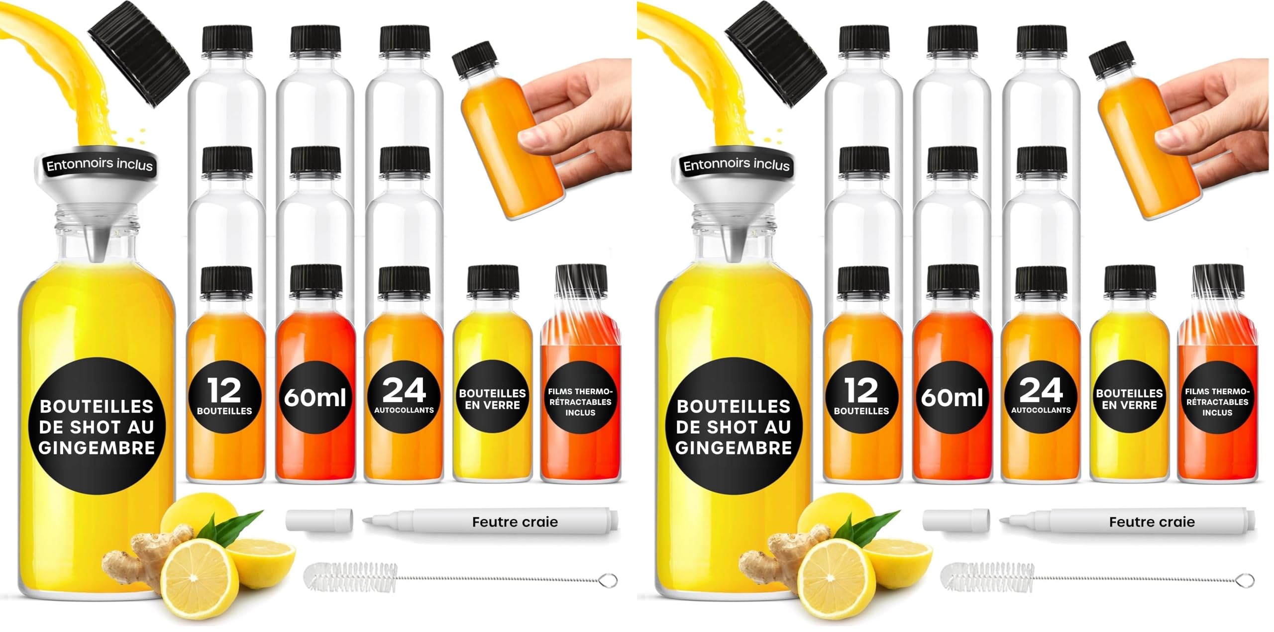 Fiole en verre bouchon et mini bouteille verre 60ml avec accessoires de nettoyage volila