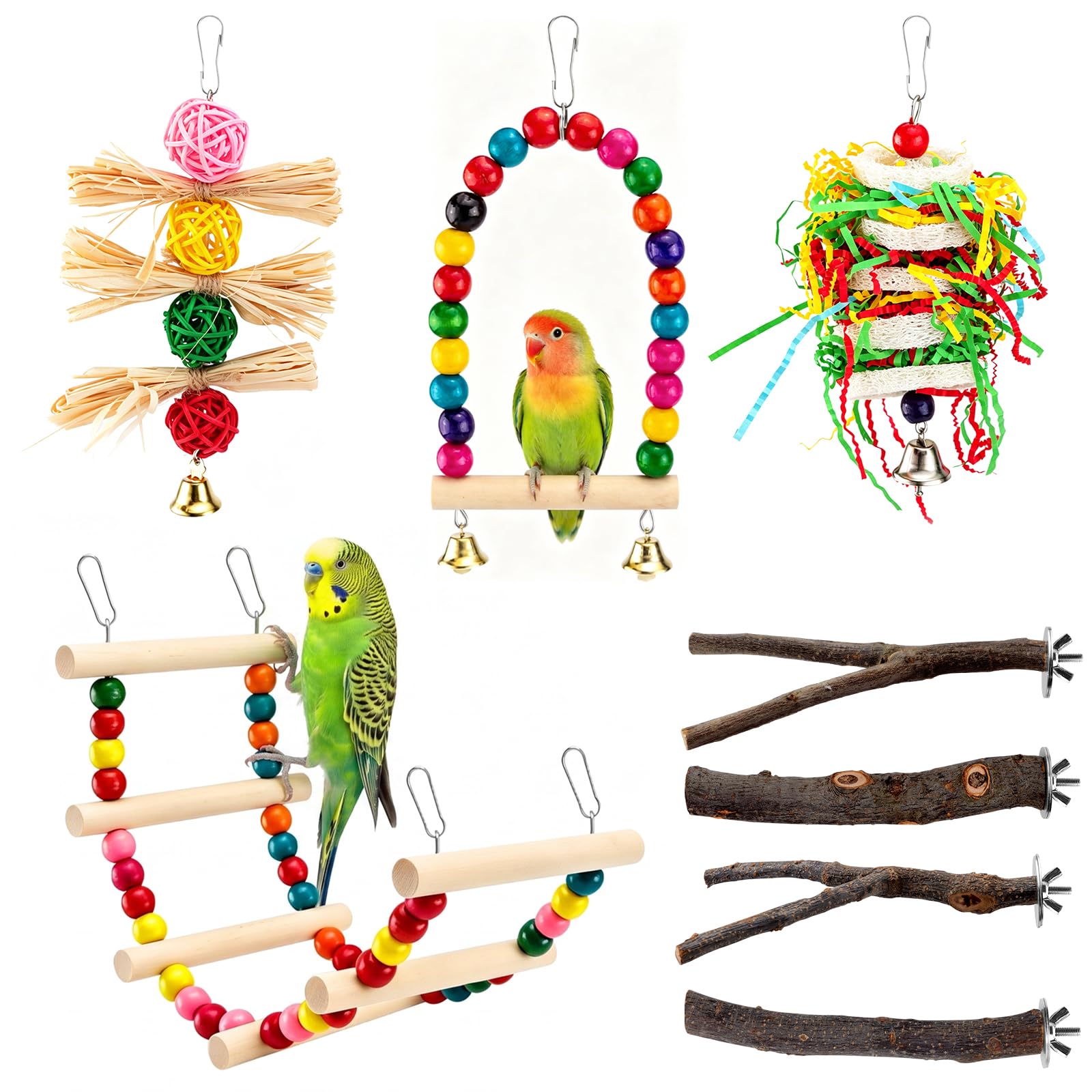 8 Pcs Natural Wood Bird Toys & Perches Set for Cages | Ideal for Small/Medium Parrots (Budgies, Conures) | Birch Ladder, Swing and Foraging Items for Cage Gym | Tool-Free Mount brown Bird Toys & Perches Set