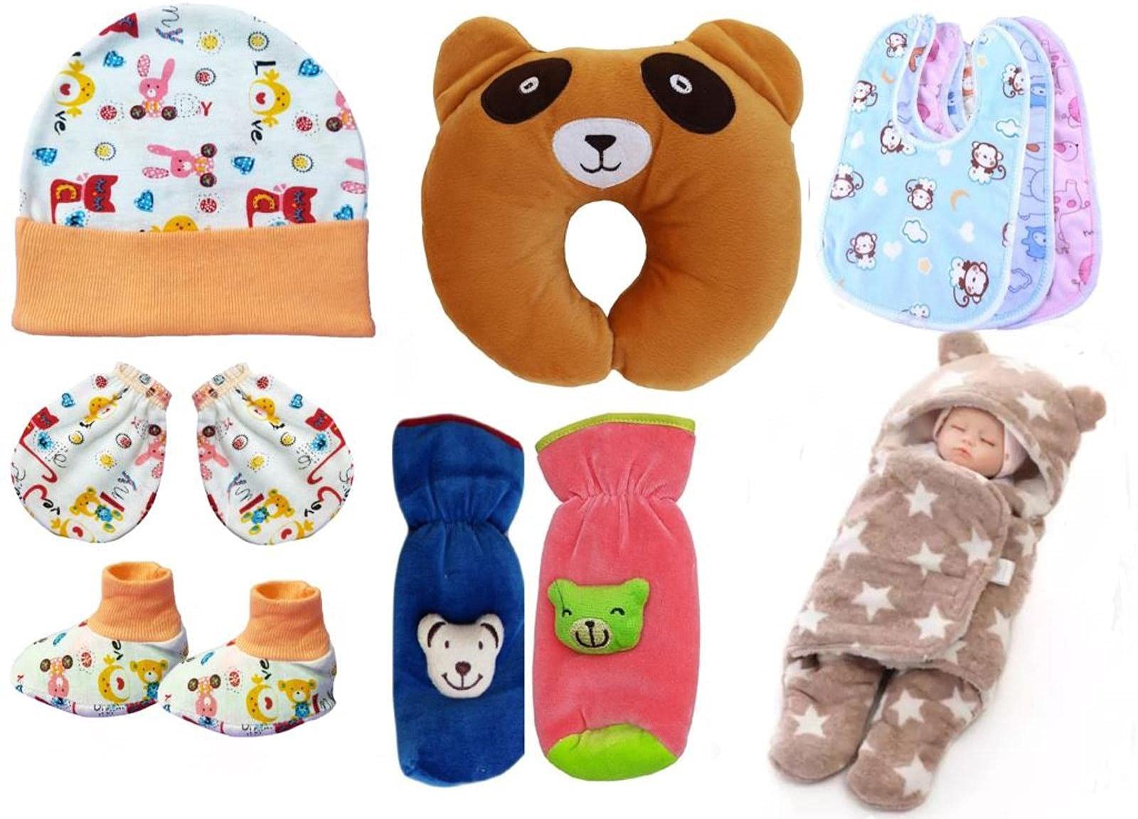 BRANDONN Combo of New Born Baby Blanket, Pillow, Bibs, Bottle Cover, Cap, Mitten and Socks for Baby Boys and Baby Girls(Starts0-12 Months) Pack of 10 Units-image-24